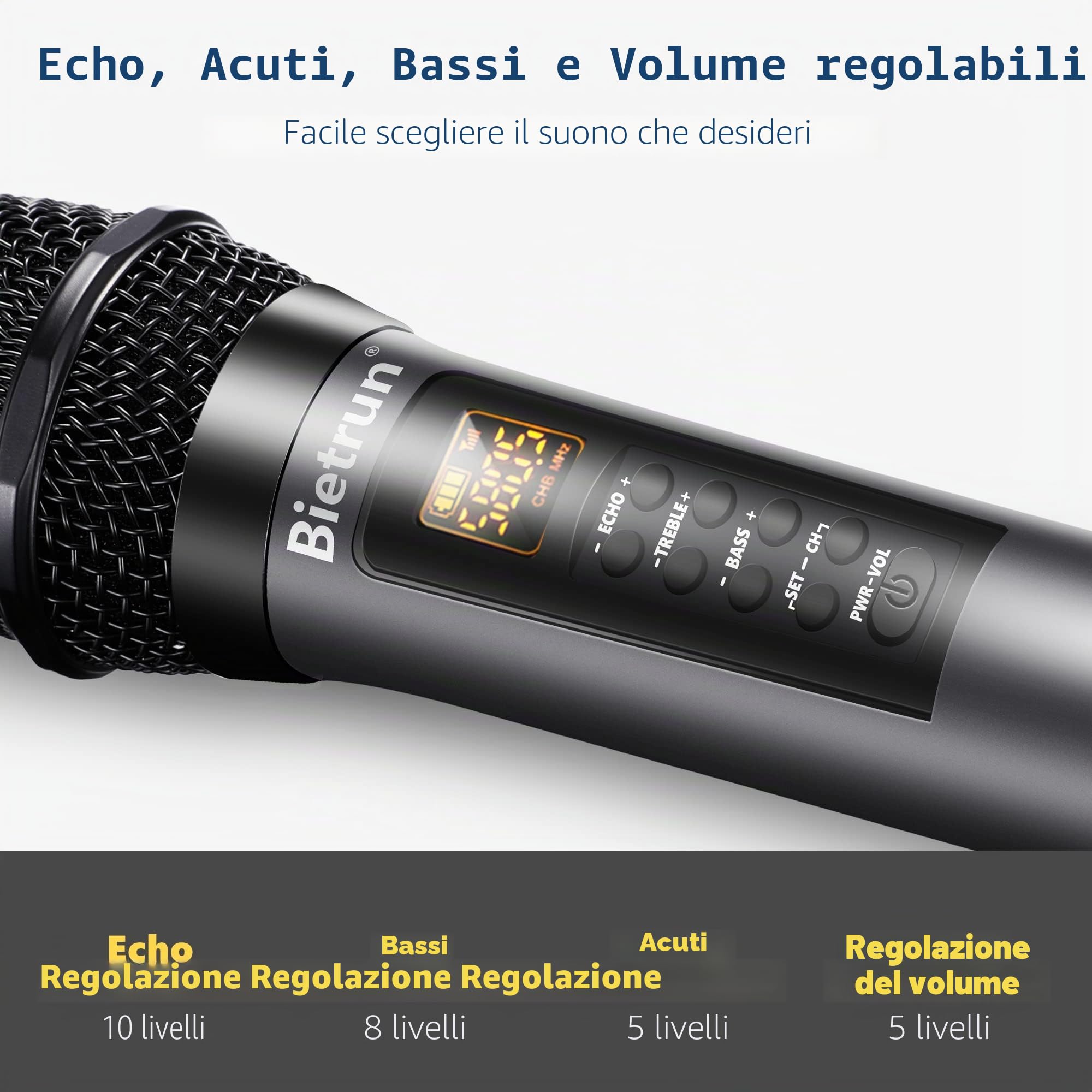 Microfoni senza fili Bietrun con eco, acuto, basso e Bluetooth, portata di 160 piedi, sistema microfonico dinamico portatile UHF con ricevitore ricaricabile per karaoke, canto, amplificatore, sistema