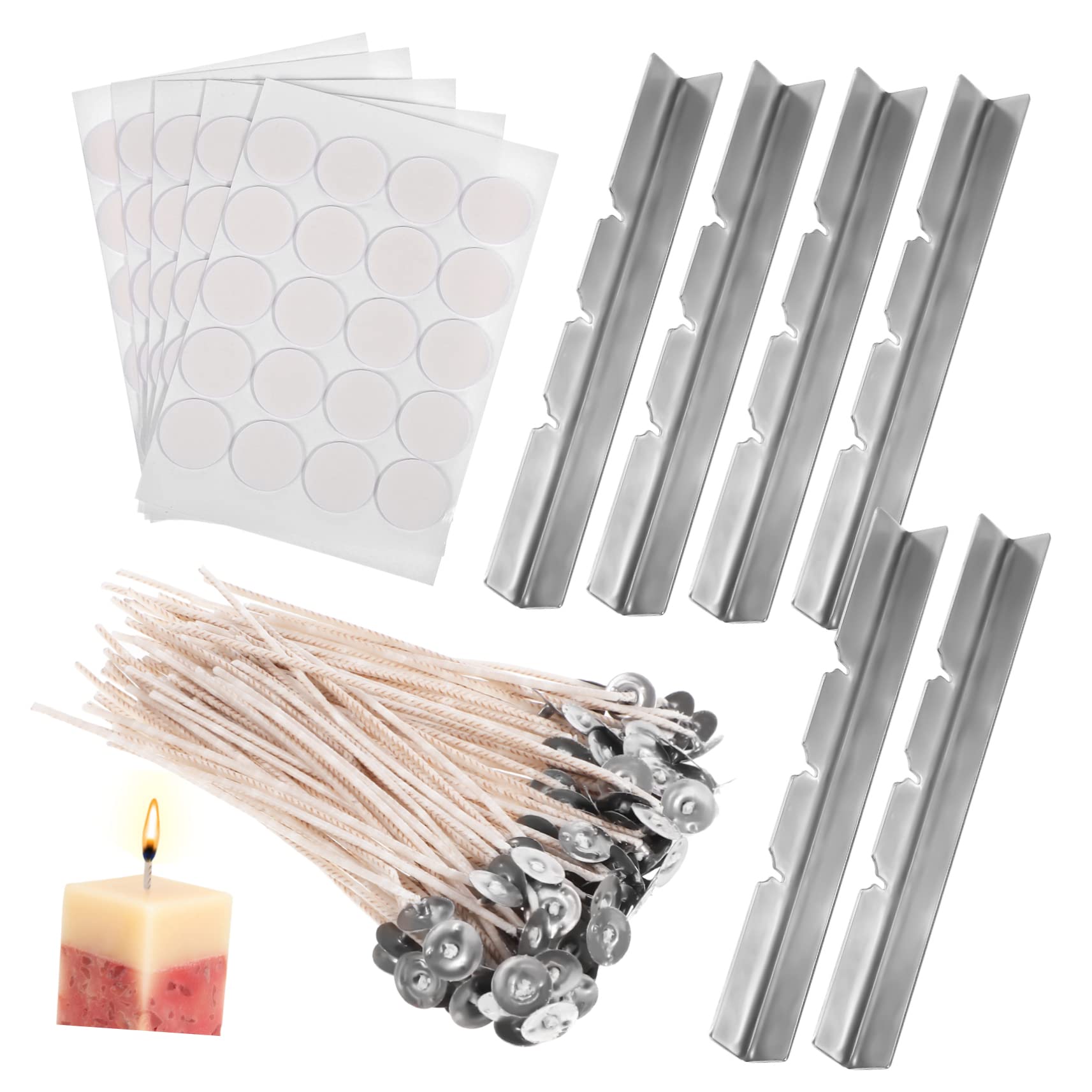 ARTIBETTER Candle Wick Base Holders 120pcs Wicks 6pcs Holders 5pcs Stickers Complete Candle Making Supplies Kit for DIY Projects