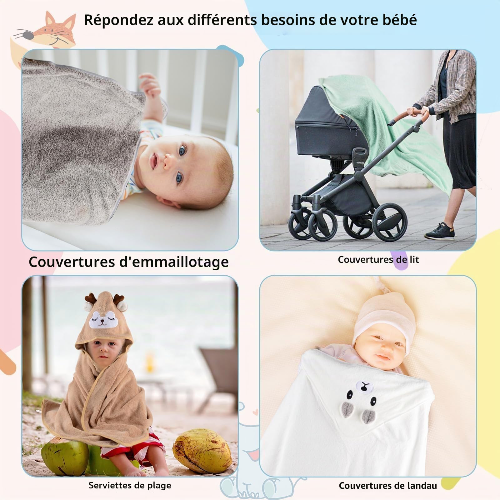 4 pièces Cape de Bain Bébé, Serviette de Bain à Capuche pour Bébé, Sortie de Bain Super Absorbante, Serviettes pour Enfants en Bas âge