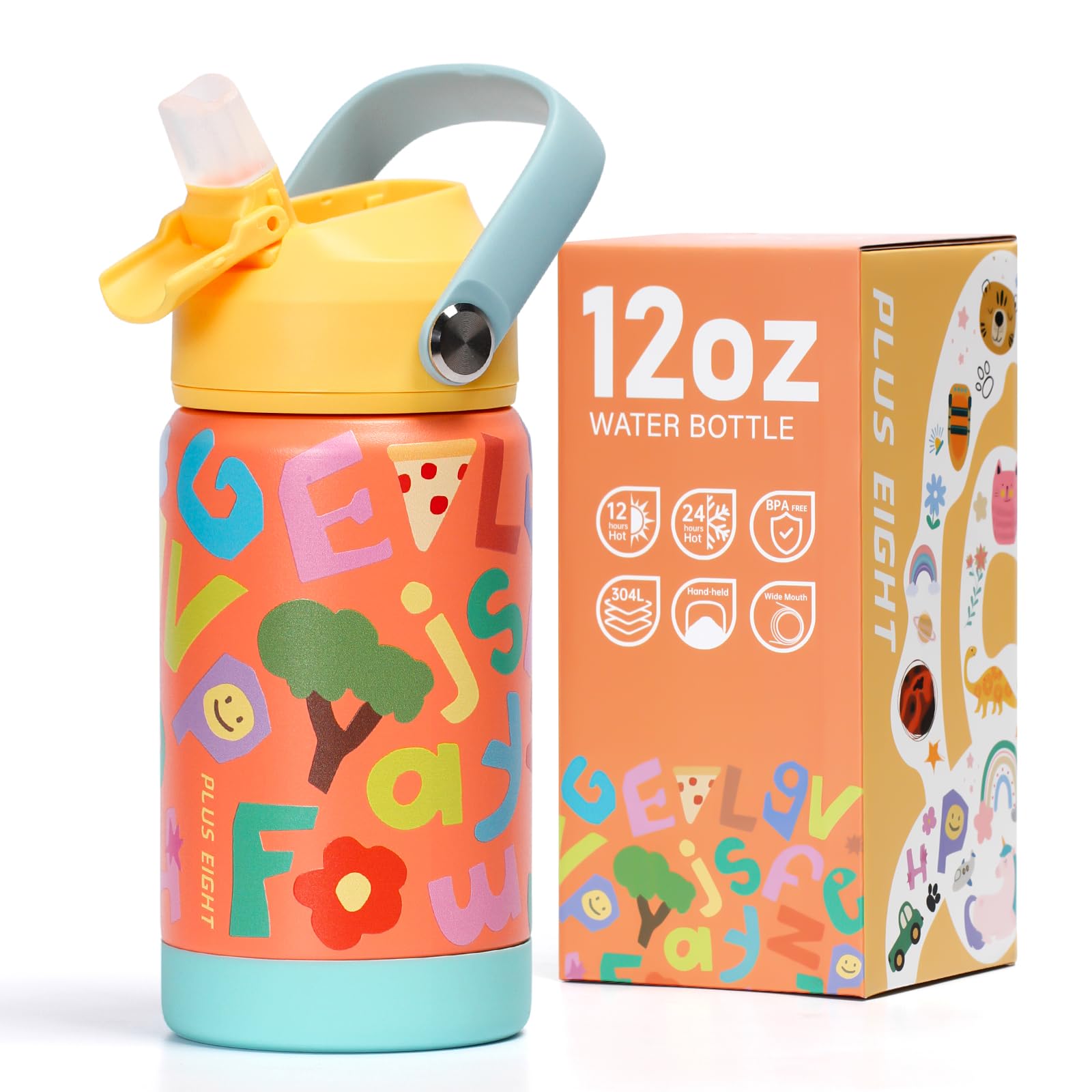 pluseight Kids Insulated Water Bottle with Straw Lid, 12 oz BPA-Free Double Wall Vacuum Tumbler 18/8 Stainless Steel Leak Proof Kids Cups with Straw for School Travel Boys Girls (Orange Letters)