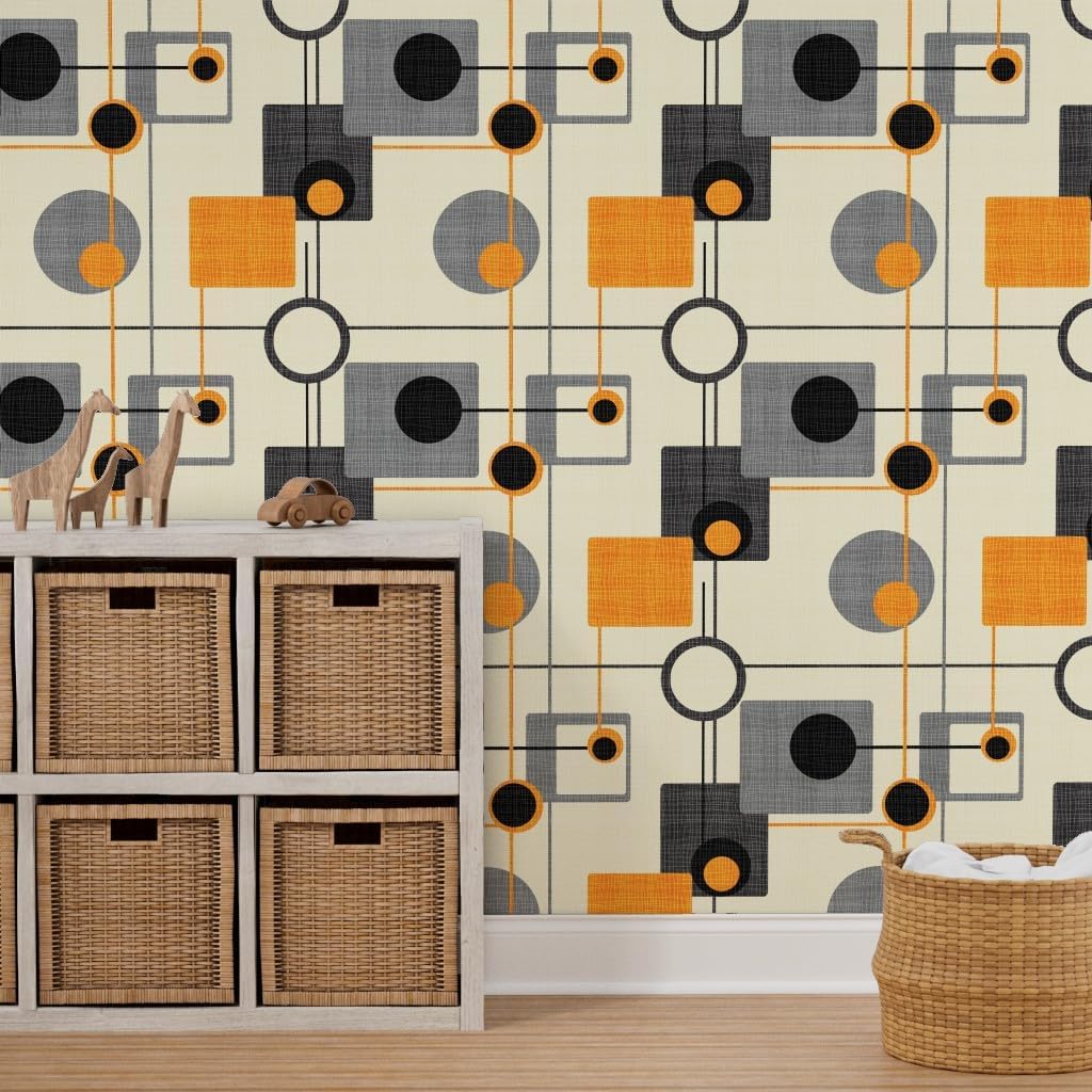 Removable Wallpaper 3ft x 2ft - Orbs Squares Orange Mod Mid Century Modern Retro Vintage Geometric Gray Black Abstract Atomic Custom Pre-Pasted Wallpaper by Spoonflower