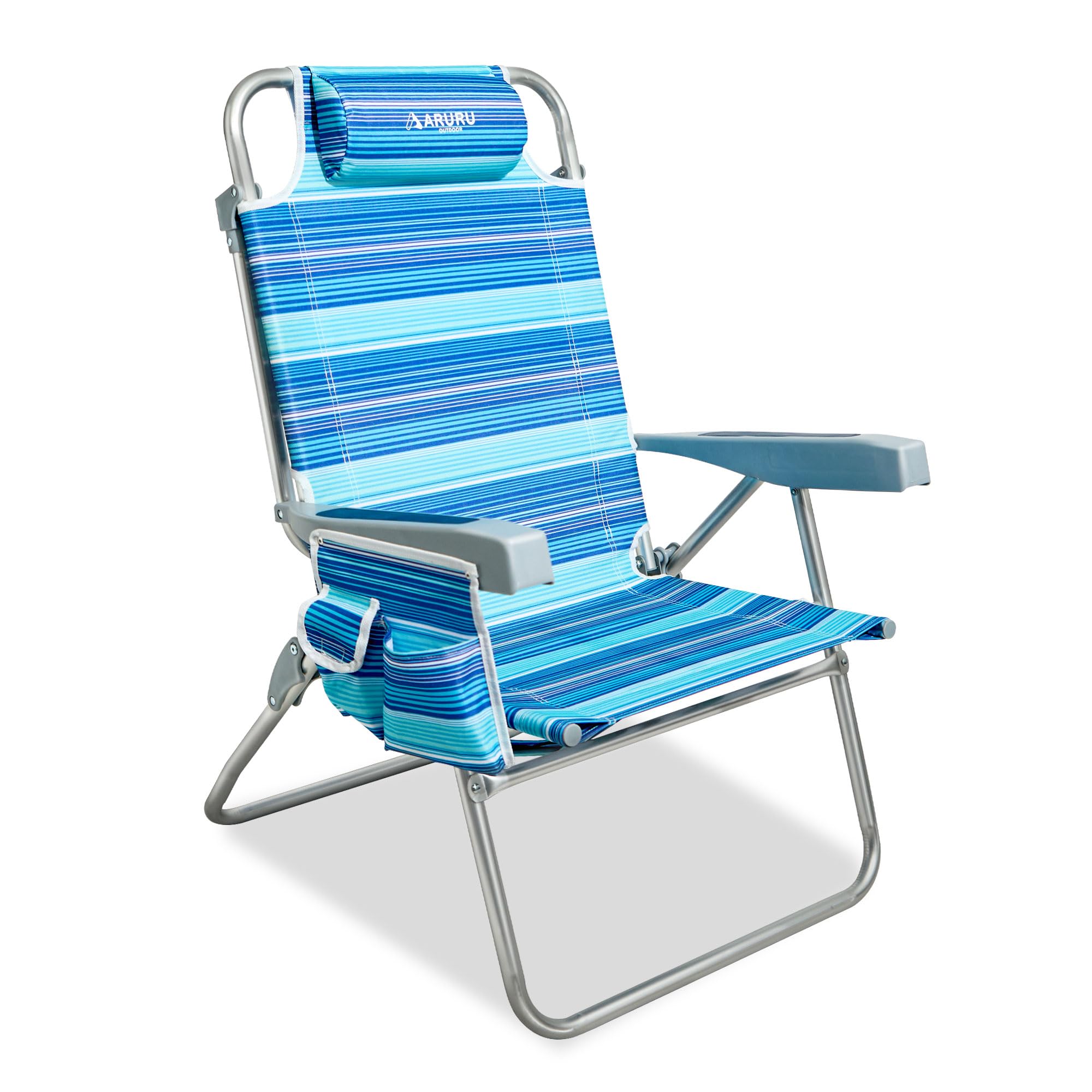 Strandstuhl Klappbar mit Hoher Sitzhöhe, Tragbarer Faltbarer Rucksack-Campingstuhl, 5-Fach Verstellbar, mit Kühltasche und Getränkehalter für Outdoor Blau