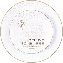 PLASTICPRO 24 Piece White Honeybee Design With Gold Rim Combo Plastic Dinner Plates Disposable Plastic Fancy Heavy Duty Party Dishes 12, 7'' inch and 12, 10'' inch, White With Gold Rim