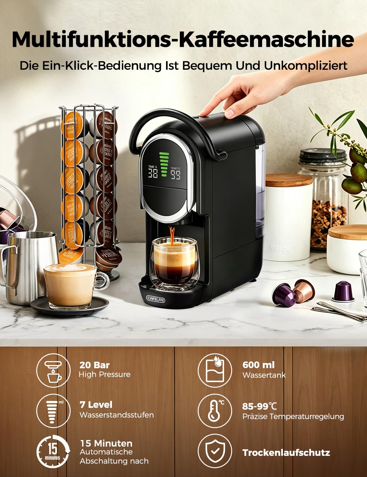 CAFELFFE Ekspres do kawy na kapsułki 4 w 1, 20 bar, zbiornik na wodę 600 ml, 7-stopniowa regulacja ilości wody i temperatury, kompatybilny z wkładami NS*/DG*/ESE i kawą w proszku, czarny