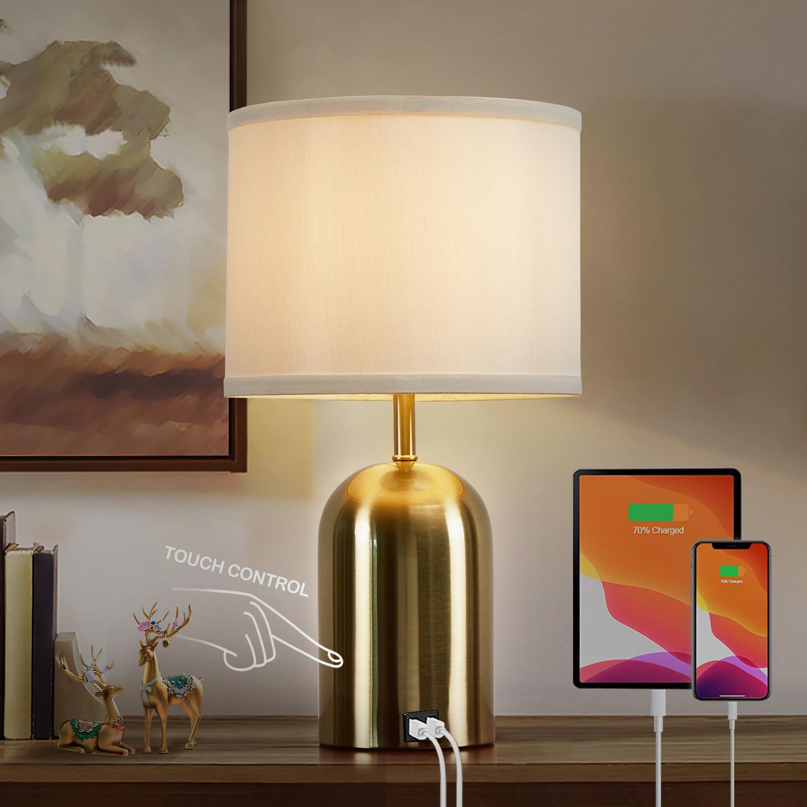 GyroVu Lampada da comodino con porta USB, lampada da tavolo con controllo touch per camera da letto, dimmerabile a 3 livelli, lampada moderna con paralume in tessuto e base dorata per soggiorno