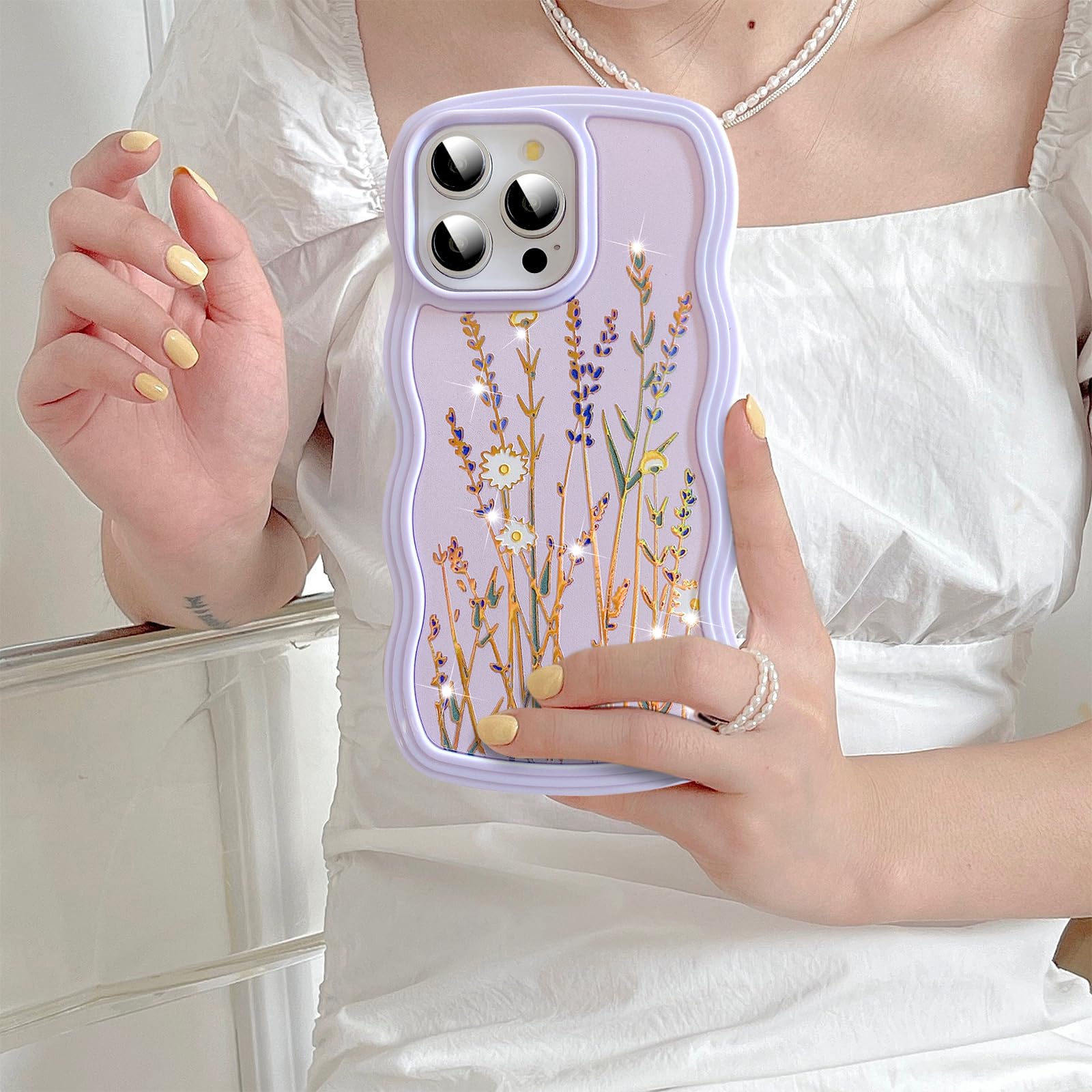 UEEBAI for iPhone 14 Pro Max Case, Floral Wave Frame Cute Curly Anti-slip Flower Case with Aesthetic Pattern - Image 4