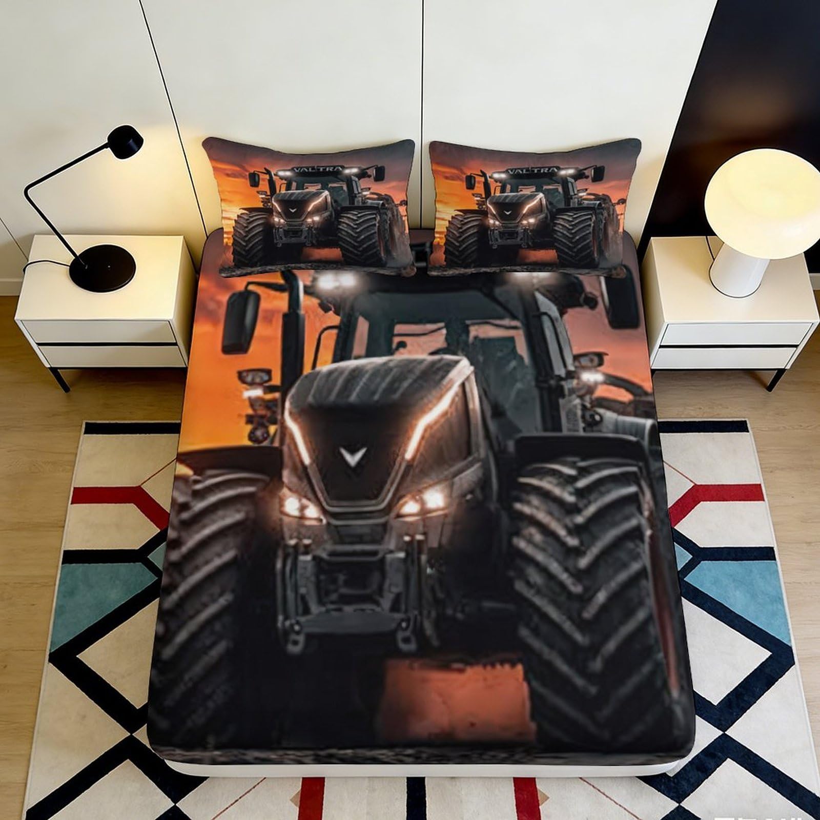 3D Printed Tractor Sunset Fitted Sheet Microfiber Soft Breathable Farm Machinery Bed Cover for Bedroom Dorm Decor 90x200x25cm