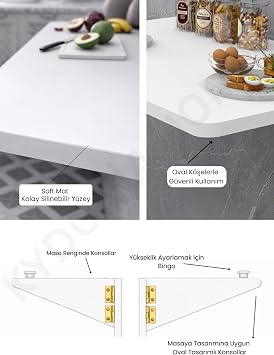 Duvara Monte Katlanır Masa + 2’li Raf Seti Oval Köşe Yer Kaplamaz Çok Amaçlı Masa Mat Beyaz