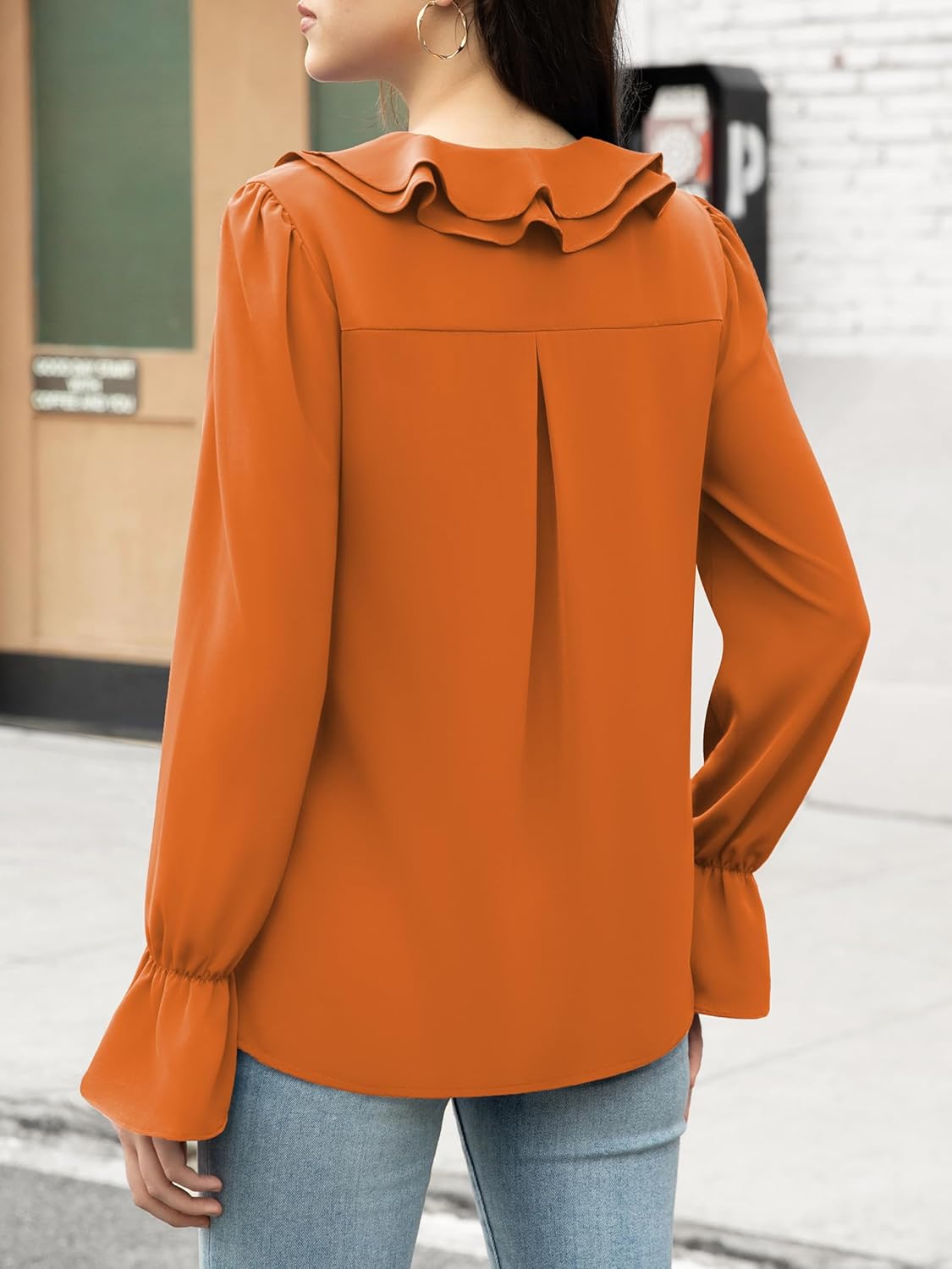 Funlingo Women's Long Sleeve Tops Dressy Casual V Neck Ruffle Tunic Chiffon Blouse Fall Trendy Work Shirts - Image 3