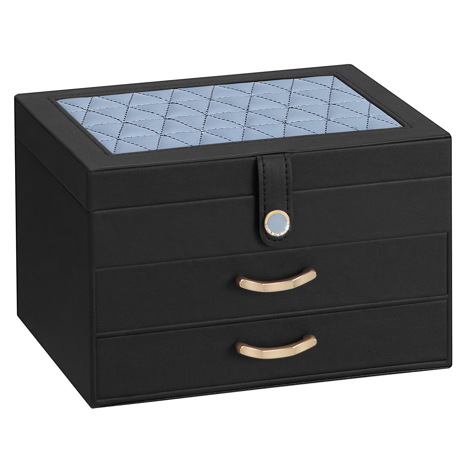 Black Jewelry Box Organizer Home Decor for Women - 2-Drawer Holder for Valentines Day Birthday Gift Black Grey-Blue