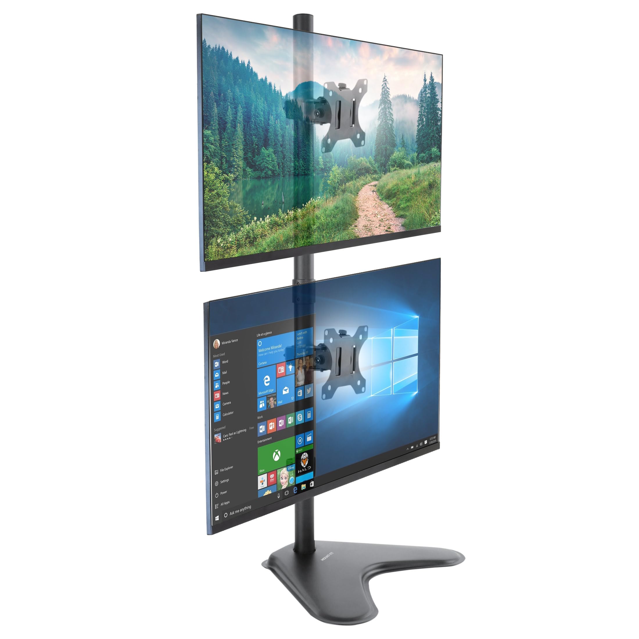 Mount-It! Vertical Dual Monitor Stand, Stacked Desk Mount Fits Two 13–32 Inch Screens up to 17.6 lbs Each, Height Adjustable Free Standing Pole with Tilt Swivel Rotate, Ergonomic VESA Riser, Black
