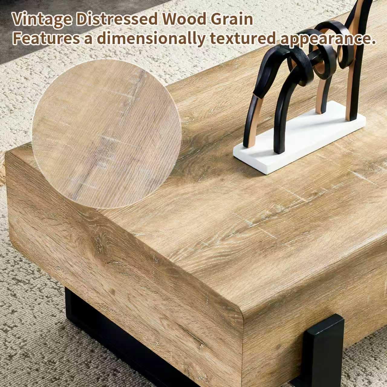 47.24" Rectangle Coffee Table, Wood Coffee Table Center Table with 7.8" Thick Tabletop Metal Legs Rounded Corners for Living Room Office, Natural Wood