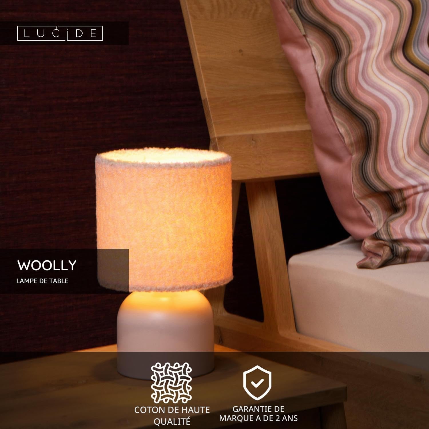 LUCIDE WOOLLY - Lampe de table - Ø 16 cm - 1xE14 - Rose
