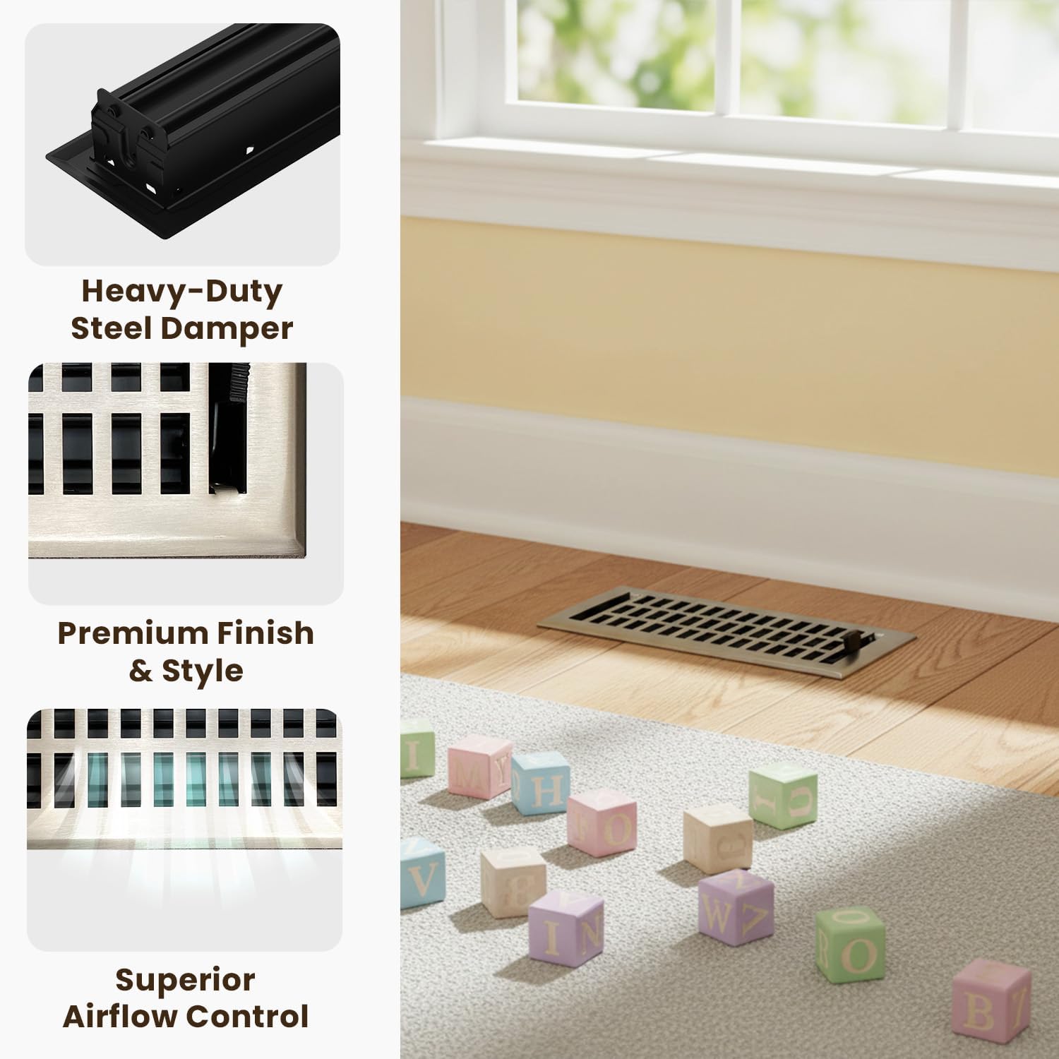 Empire Register Co, Decorative Air Vent Covers - 4x10 inch, Art & Craft Design, Brushed Nickel Finish, Heavy Duty Walkable Floor Register, Metal Damper Attached