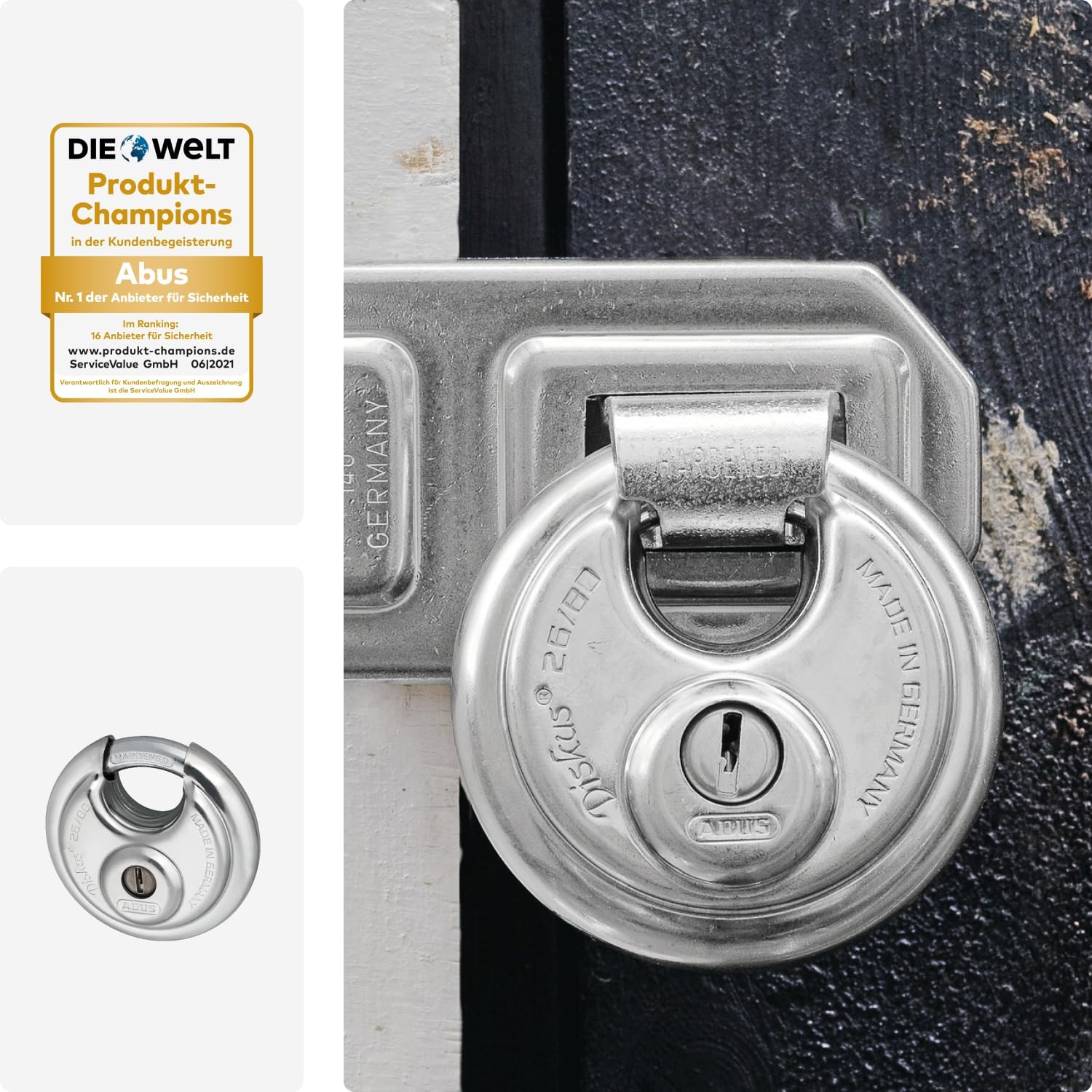 Discus Padlock 26/80 - Weatherproof - with Drill and Pull-Protected Cylinder - ABUS Security Level 8 - Silver