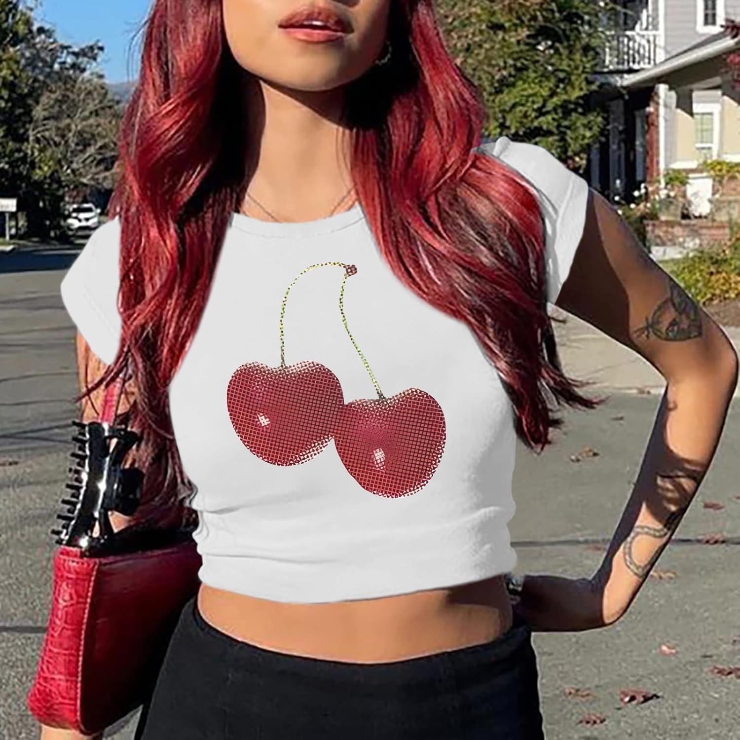Y2k Shirt Baby Tees for Women Cute Cherry Graphic Cropped Shirt Vintage Print T Shirts 2000s Retro Aesthetic Tee Tops - Image 4