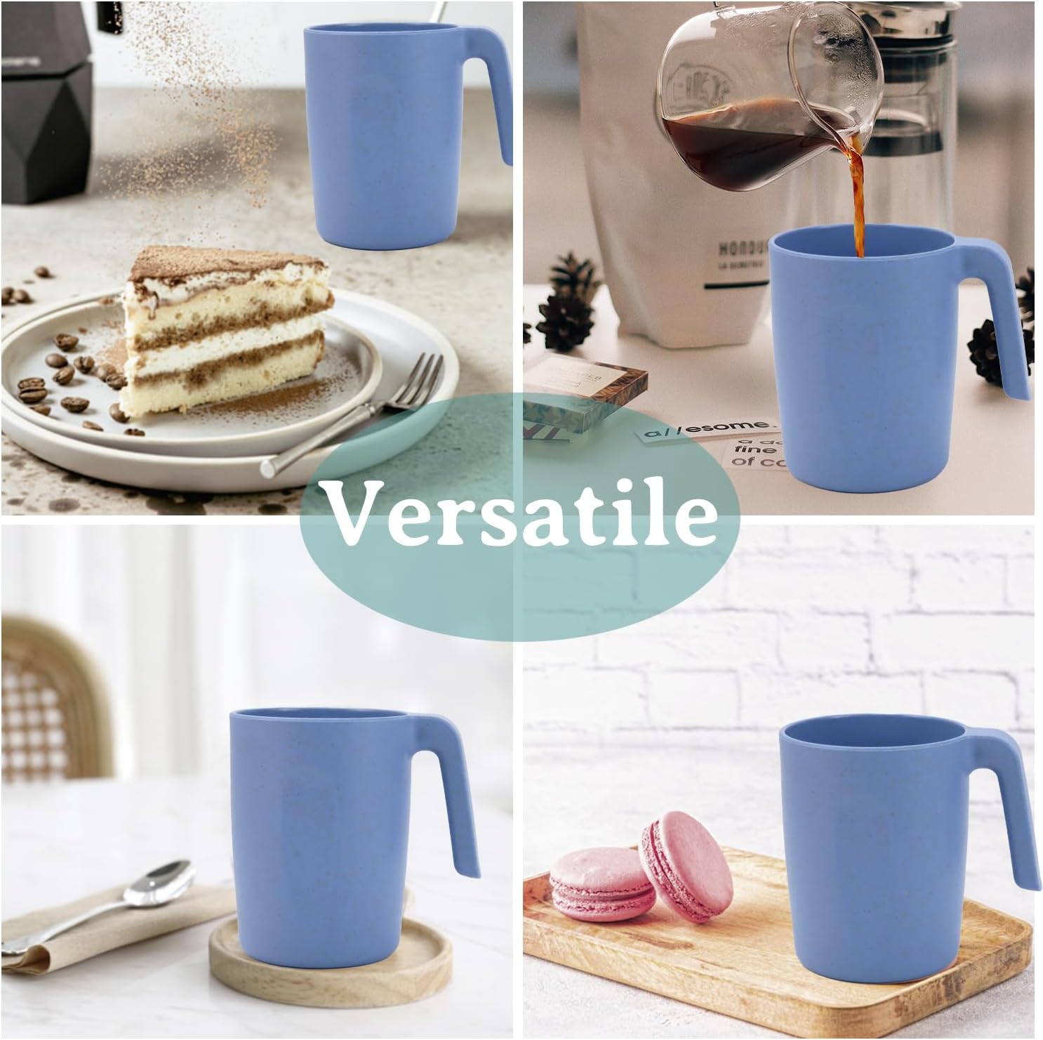 Wrova 16oz Wheat Straw Cups with handles set of 6-Plastic Cups Reusable-Unbreakable Kids Mugs-Dishwasher Safe & Microwave Safe-Ideal Plastic Mugs for Tea,Coffee,Camping,RV-Sky Blue - Image 4