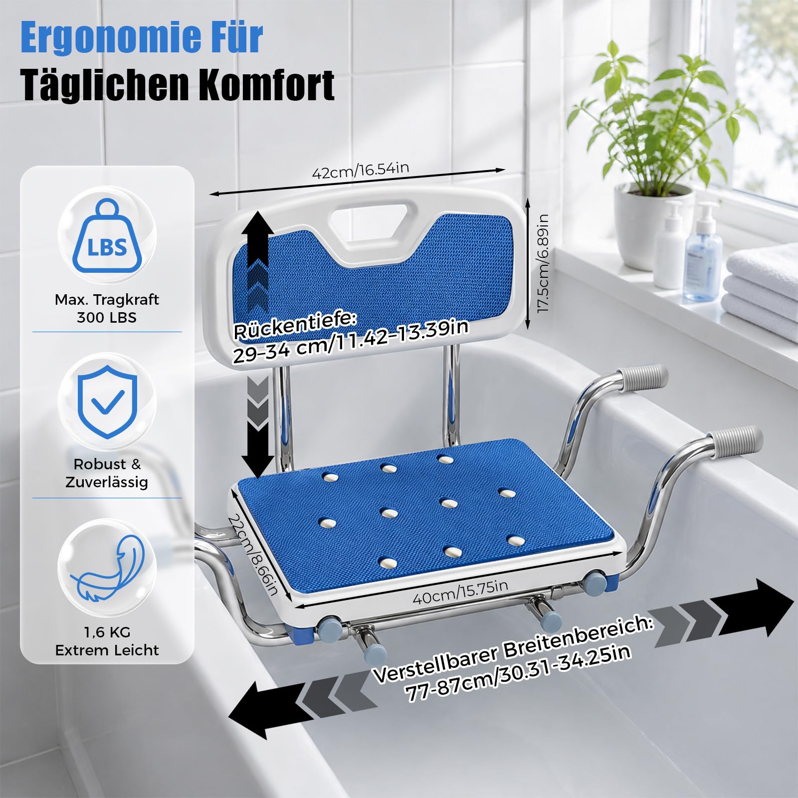 Asiento de bañera, taburete antideslizante para personas mayores con respaldo, soporta hasta 136 kg, silla de bañera para baños familiares, ancho de 76 a 86 cm, variable, para dimensiones interiores