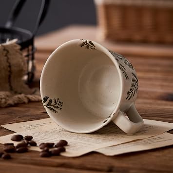 350 ml Vintage Ceramic Coffee Cups – Handmade Stoneware Mugs, Big and Stackable for Large Lattes and Camping Coffee, Featuring Plants Designs (Set of 2)