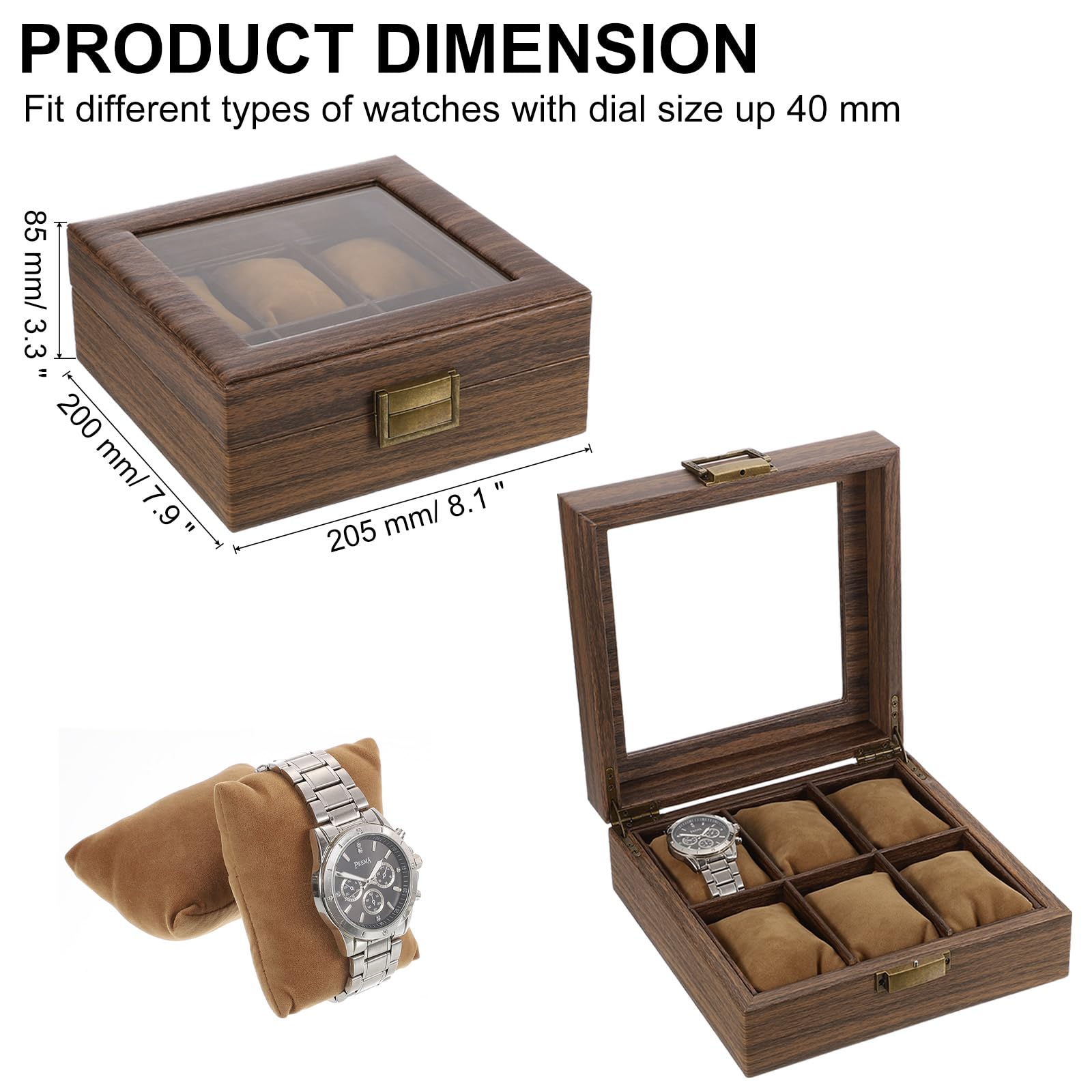 Boîte à montres Sourcing Map pour hommes et femmes, 6 emplacements, en cuir PU grainé, avec couvercle en verre et coussin amovible, compatible avec la plupart des montres et montres connectées.