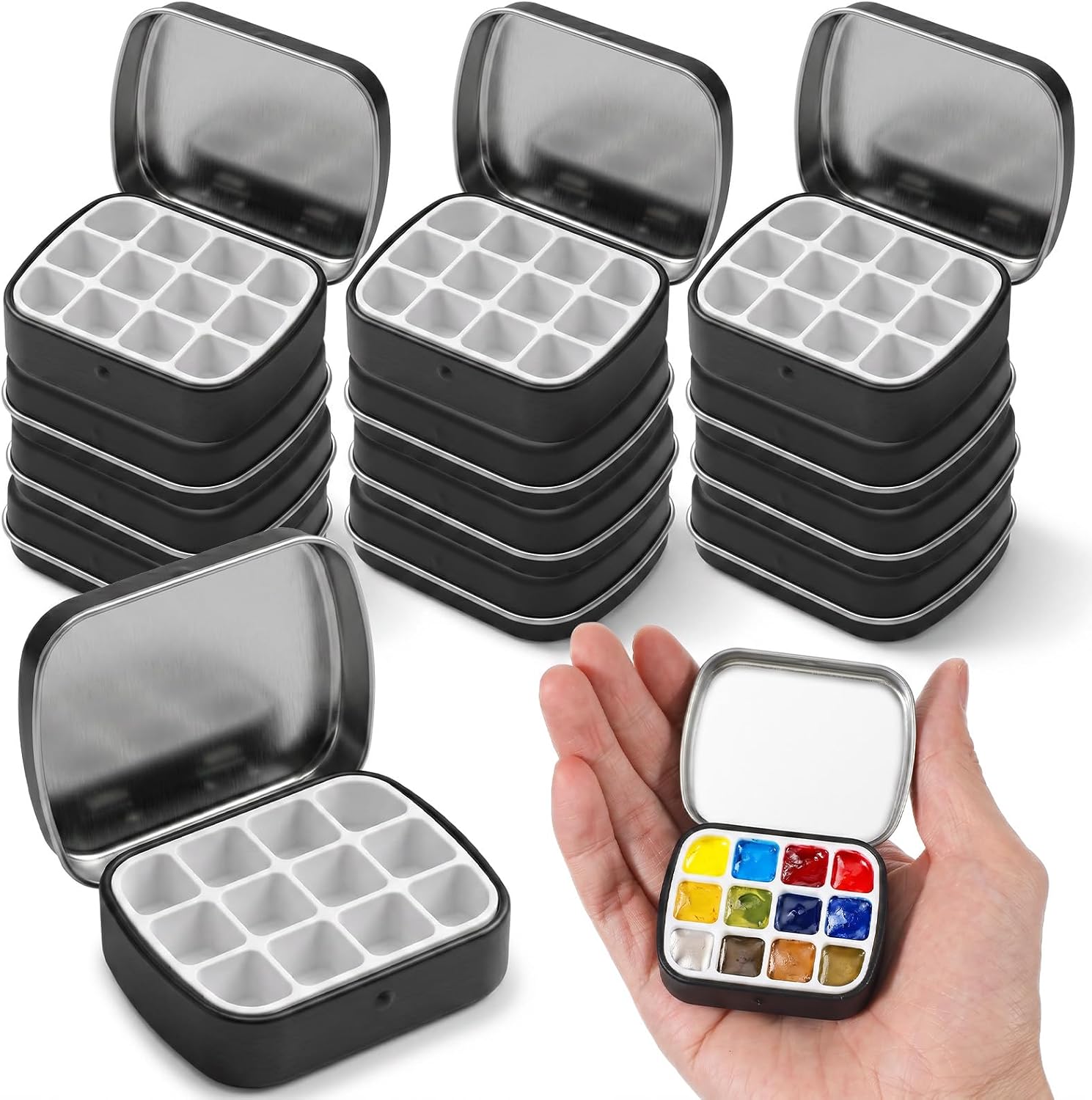 12 Pcs Mini Watercolor Storage Box, Portable Paint Palette with Lid - Magnetic ABS Insert, 12-Well Empty Tin Case for Artists, Travel & DIY Craft, Matte Black