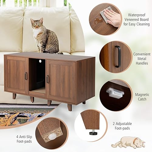 Miniatura 8 de PETSITE Caja de arena para 2 cajas de arena, mesa auxiliar oculta para baño de gatos con 2 gabinetes, tabla de rascar, muebles de arena para gatos