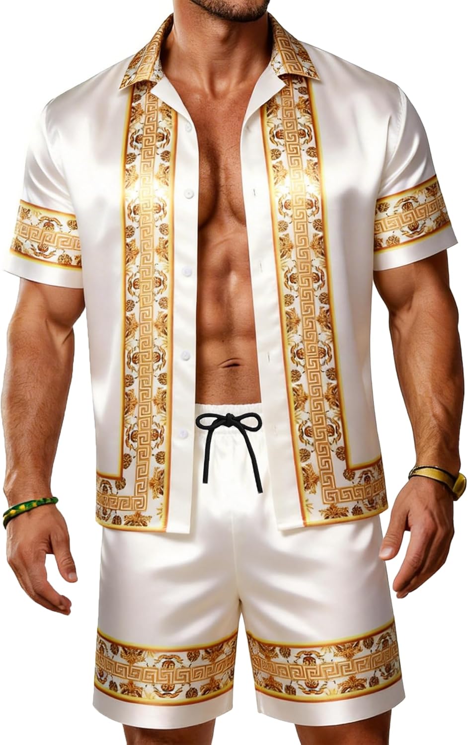 Men Hawaiian Shirt Sets Satin Silk Casual Button Down Shirts 2 Piece Luxury Summer Beach Outfits