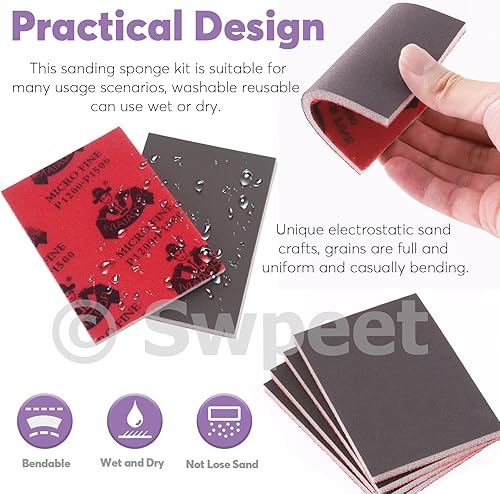 Miniatura 3 de Swpeet Juego de 21 almohadillas de lijado de esponja de lijado ultra fina de grano #1200 de 3.9 x 2.8 pulgadas, kit surtido de brochas de pintura de