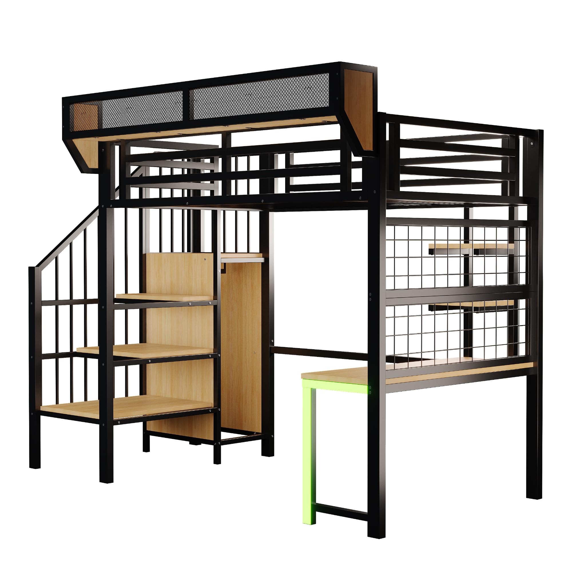 Letto a soppalco in metallo, 90 x 200 cm, con scrivania, mensola, letto per ragazzi con scala di stoccaggio, LED e presa, multifunzionale, per bambini e ragazzi, senza materasso (nero, 90 x 200