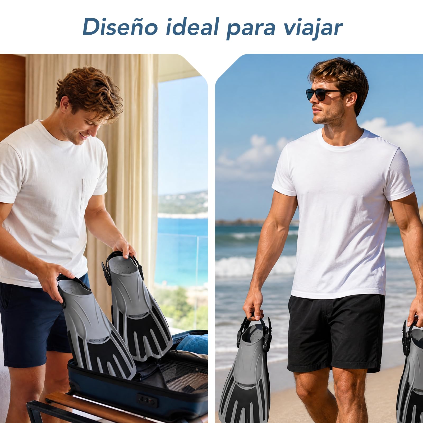 TOMSHOO Aletas de snorkel cortas ajustables con talón abierto para adultos, hombres, mujeres para bucear, bucear, viajar