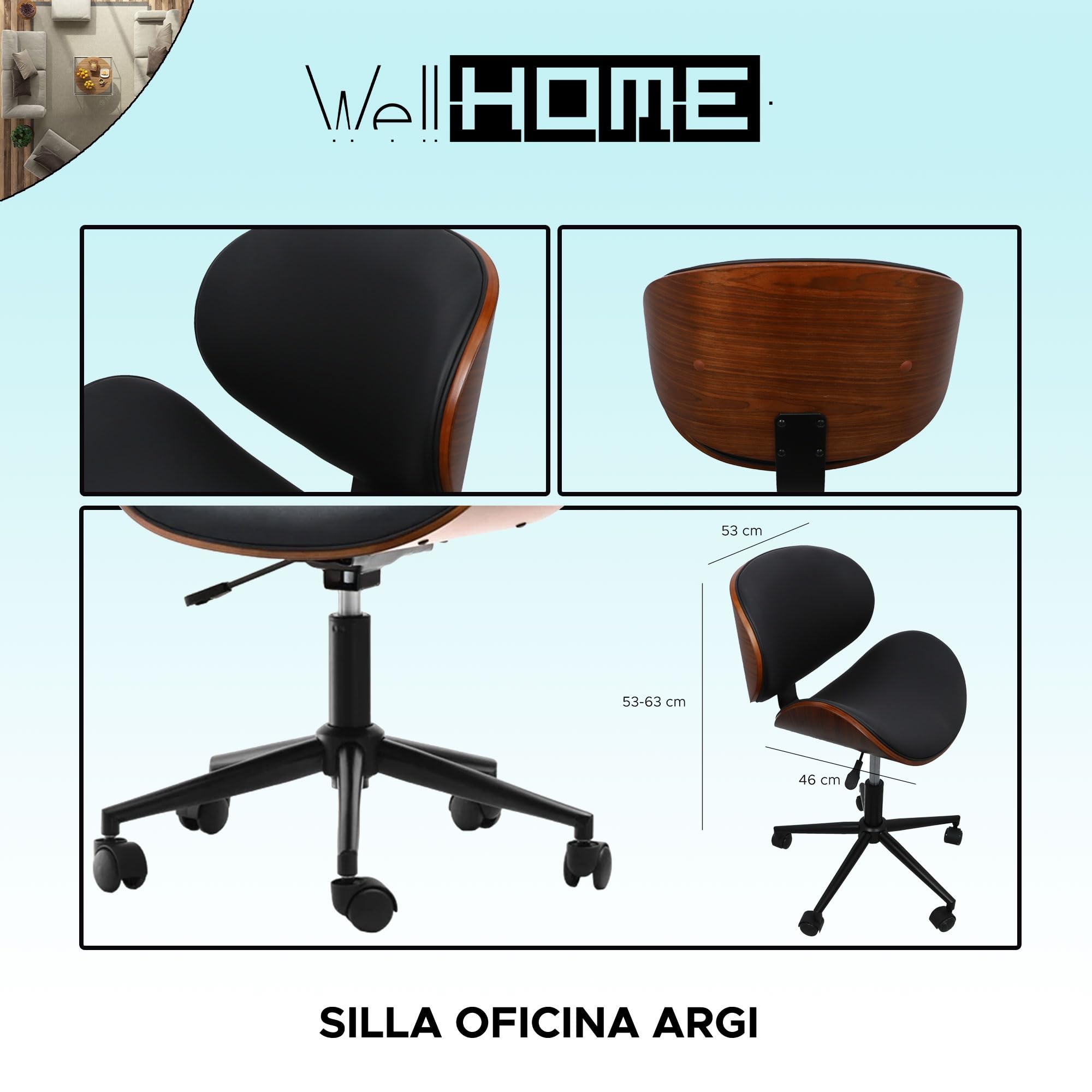 WELL HOME MOBILIARIO & DECORACIÓN Sedia da Ufficio 'Argi' Nera 52 x 46 x 63 cm, Pelle Sintetica, Nero, 52x46x63cm