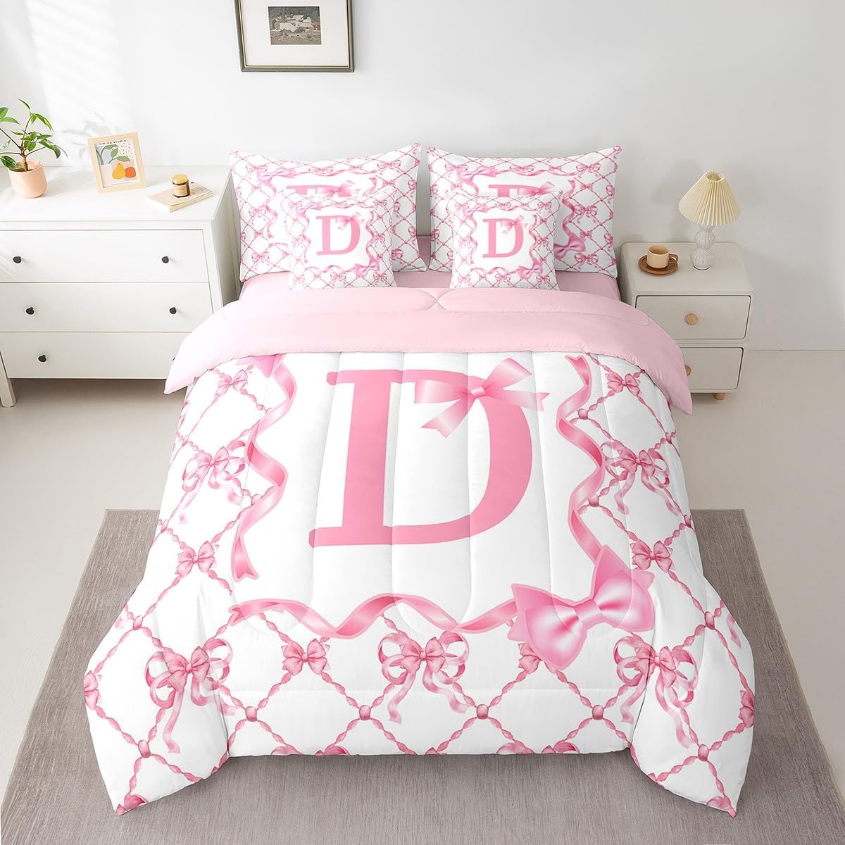 Erosebridal 7Pcs Alphabet E Teen Girl Comforter Set with Sheets with Pink Bow Design Preppy Coquette Bed in A Bag Twin Size Cute Initial Bowknot Birthday Gifts for Her/Mom/Daughter/Sister/Girlfriend - Image 2