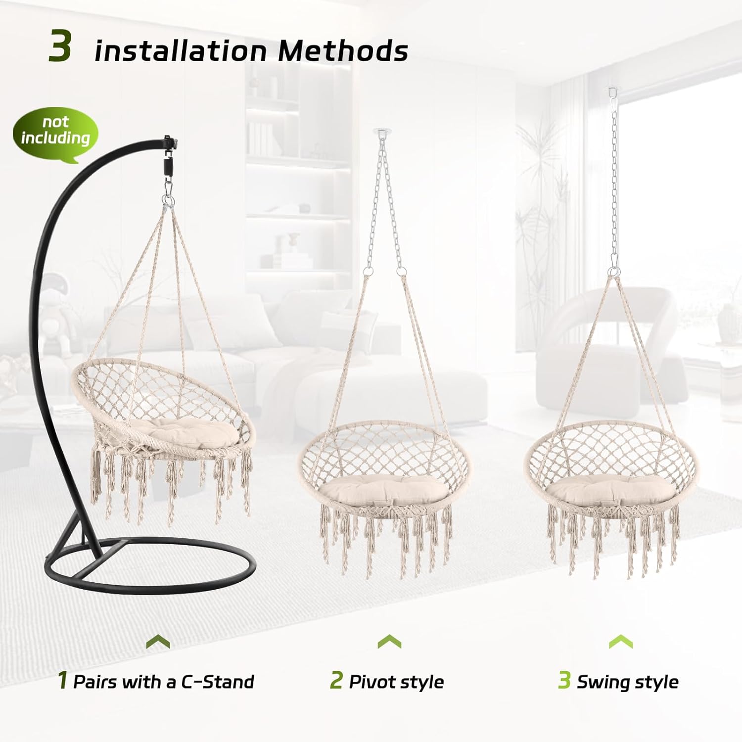 500 LBS Hammock Chair, Handmade Swing Chair with Cushion, and Hanging Hardware Kits, Bohemian Style Cotton Rope Hanging Chair for Bedroom Indoor Outdoor, Black (Beige)