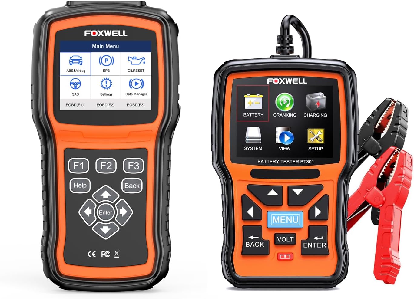 FOXWELL NT630 Plus OBD2 Scanner and BT301 Battery Tester side-by-side. The NT630 Plus shows a main menu with options like ABS&Airbag, EPB, Oil Reset, SAS, Settings, and Data Manager.