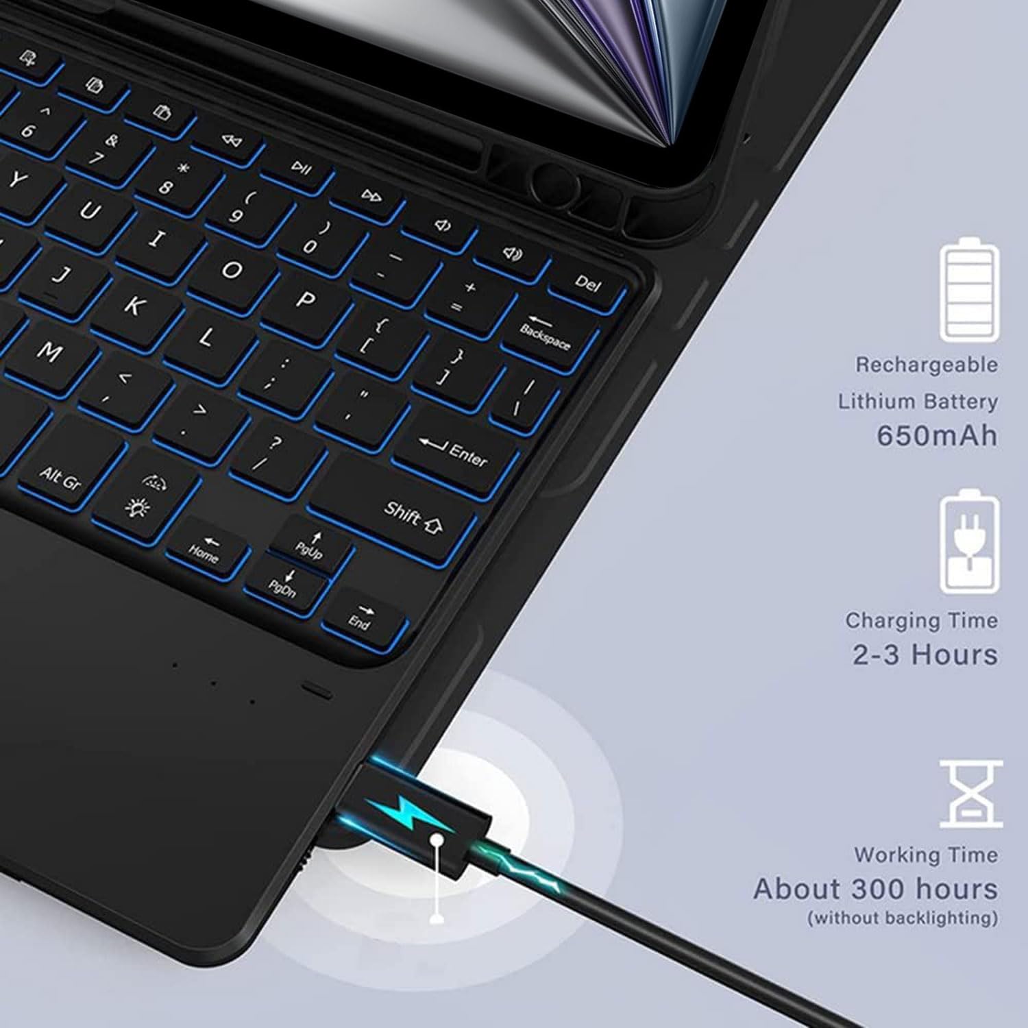 Keyboard Case for iPad Air 6th 11-inch M2 2024, iPad Air 5th/4th Generation 10.9-inch 2022/2020, 7-Kolorowa Podświetlana, Zdejmowana Klawiatura Z Touchpadem, Z Uchwytem Na Długopis,Blue