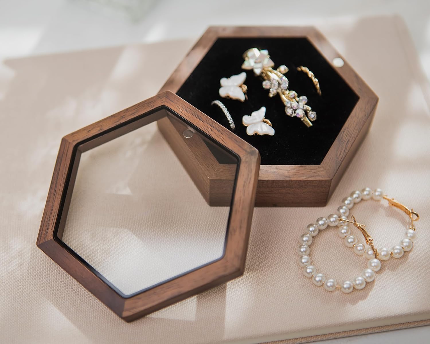 MUUJEE Wooden Hexagon Jewelry Box w/Magnetic Lid - 4.30 x 3.75 x 1.4 Rustic Classy for Jewelry Box Storage, Wedding Rings, Ceremony Ring Bearer