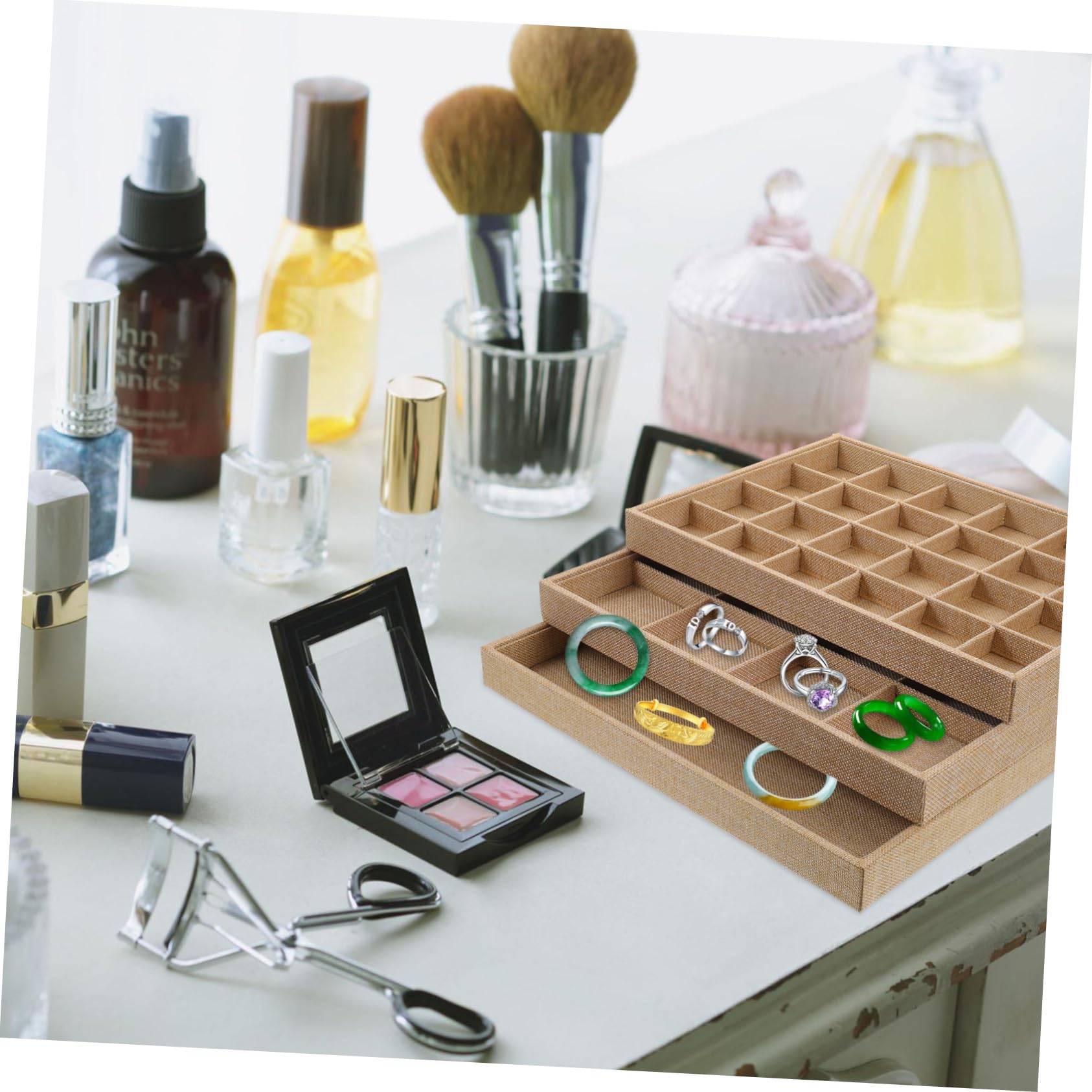 TOYANDONA 3 piezas Bandeja Organizadora de Joyas de Lino Apilable para Mujer Almacenamiento Práctico con Compartimentos para Anillos Pendientes Collares Caja Ligera y Portátil para Viaje y