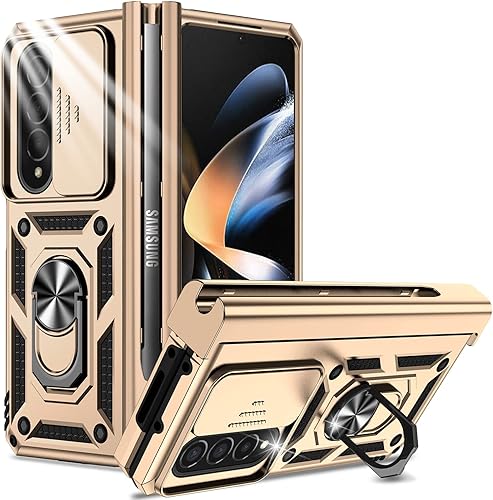 Miimall Funda compatible con Samsung Z Fold 4 con protección de bisagra, soporte para bolígrafo, cubierta de cámara, soporte de anillo, soporte de