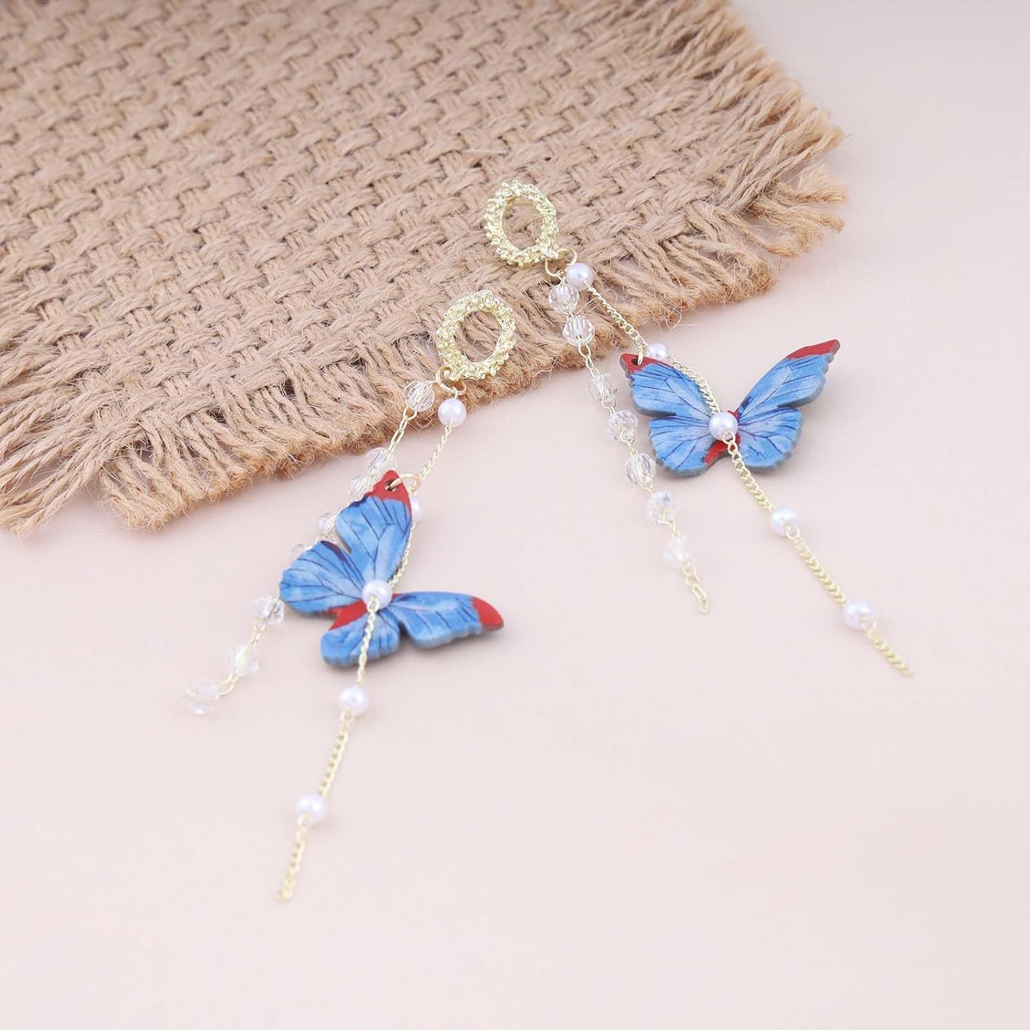 Vintage Long Butterfly Tassel Earrings Blue Butterfly Wing Earrings Acrylic Butterfly Drop Earrings Pearl Butterfly Dangle Earrings Gold Crystal Butterfly Earrings Jewelry for Women - Image 6