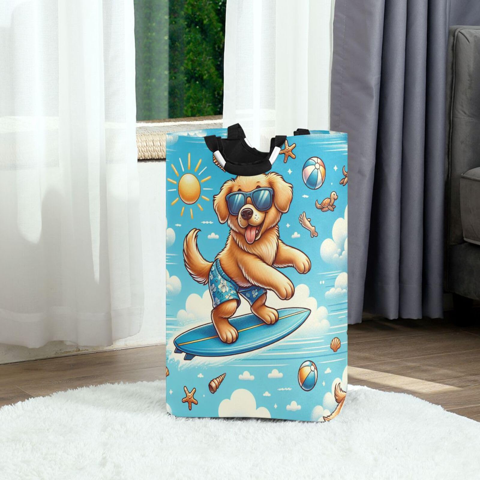 Jihqo Laundry Hamper Basket Summer Surfing Dog Collapsible Nursery Storage Bin Waterproof Clothing Baskets for Home Bedroom Bathroom Washing Room