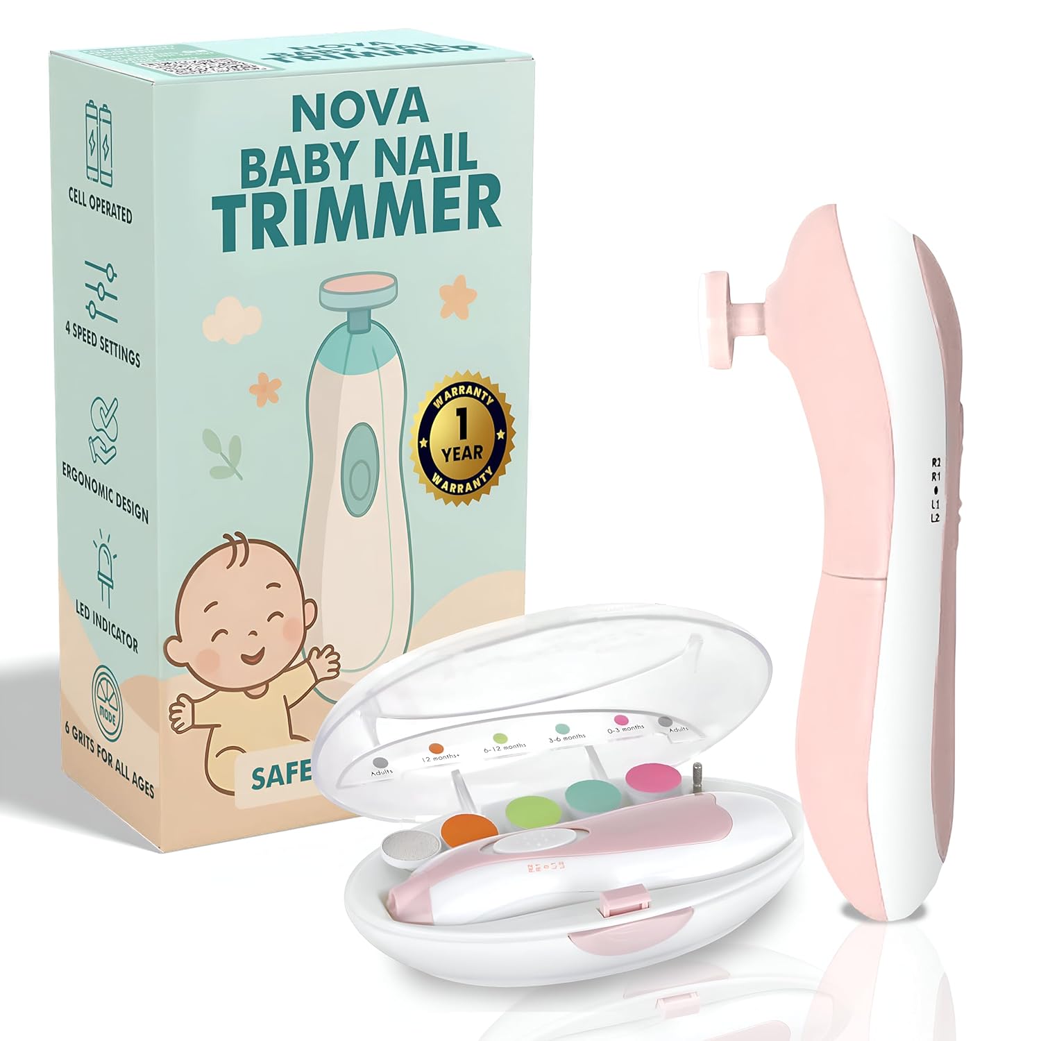 Baby Nail Trimmer | New Born Essentials | Baby Nail Cutter New Born 0-12 Months with 6 Filer Heads Adjustment |1 Year Warranty |, Pink, White, 1 Count Baby Nail Trimmer | New Born Essentials | Baby Nail Cutter New Born 0-12 Months with 6 Filer Heads Adjustment |1 Year Warranty |, Pink, White, 1 Count