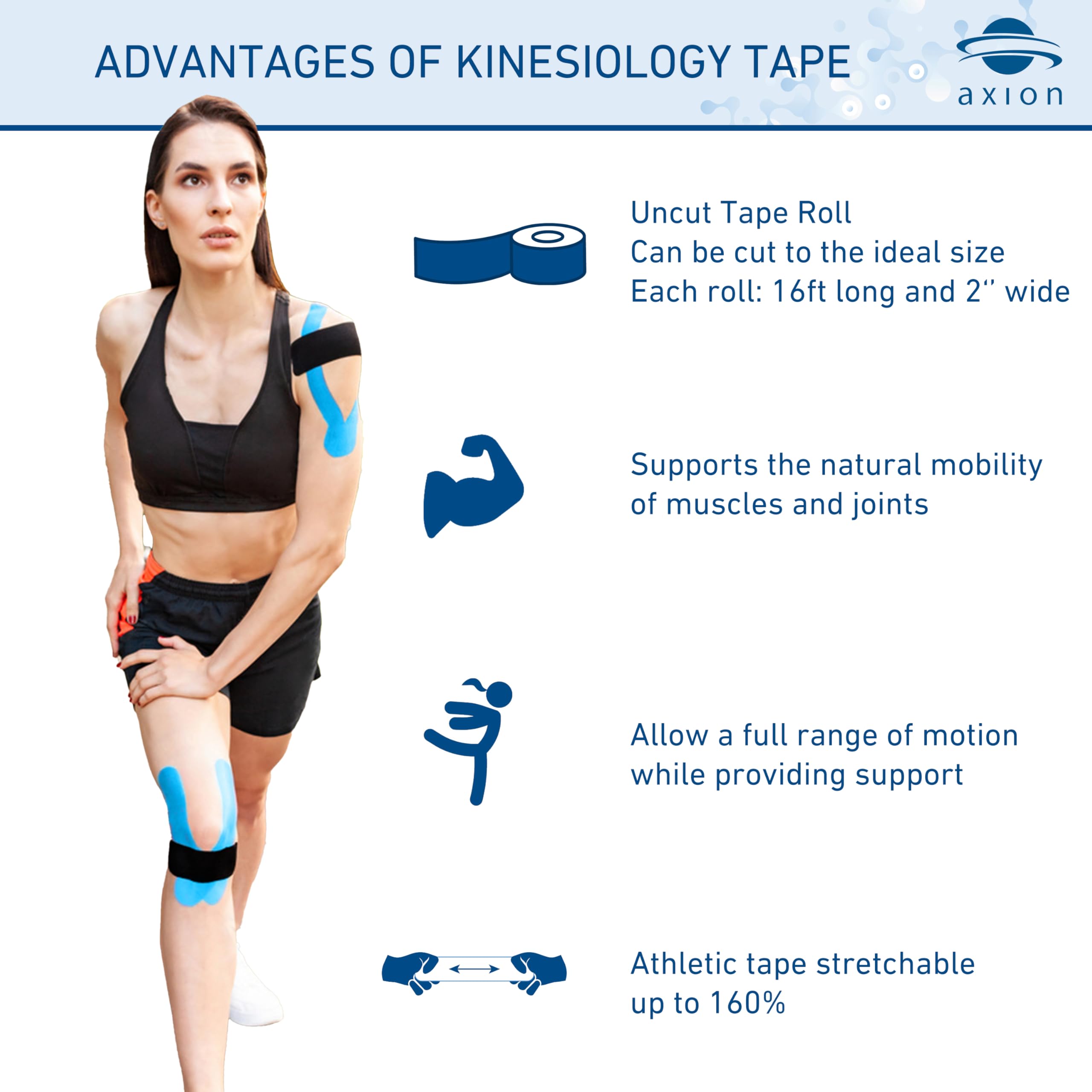 axion Kinesiology Tapes 2 Rolls Uncut Blue | Elastic Cotton Sports Tapes for Optimal Performance | Easy Application | Latex Free | Skin Friendly | Long Lasting Muscle and Joint Support — Amazon image 2