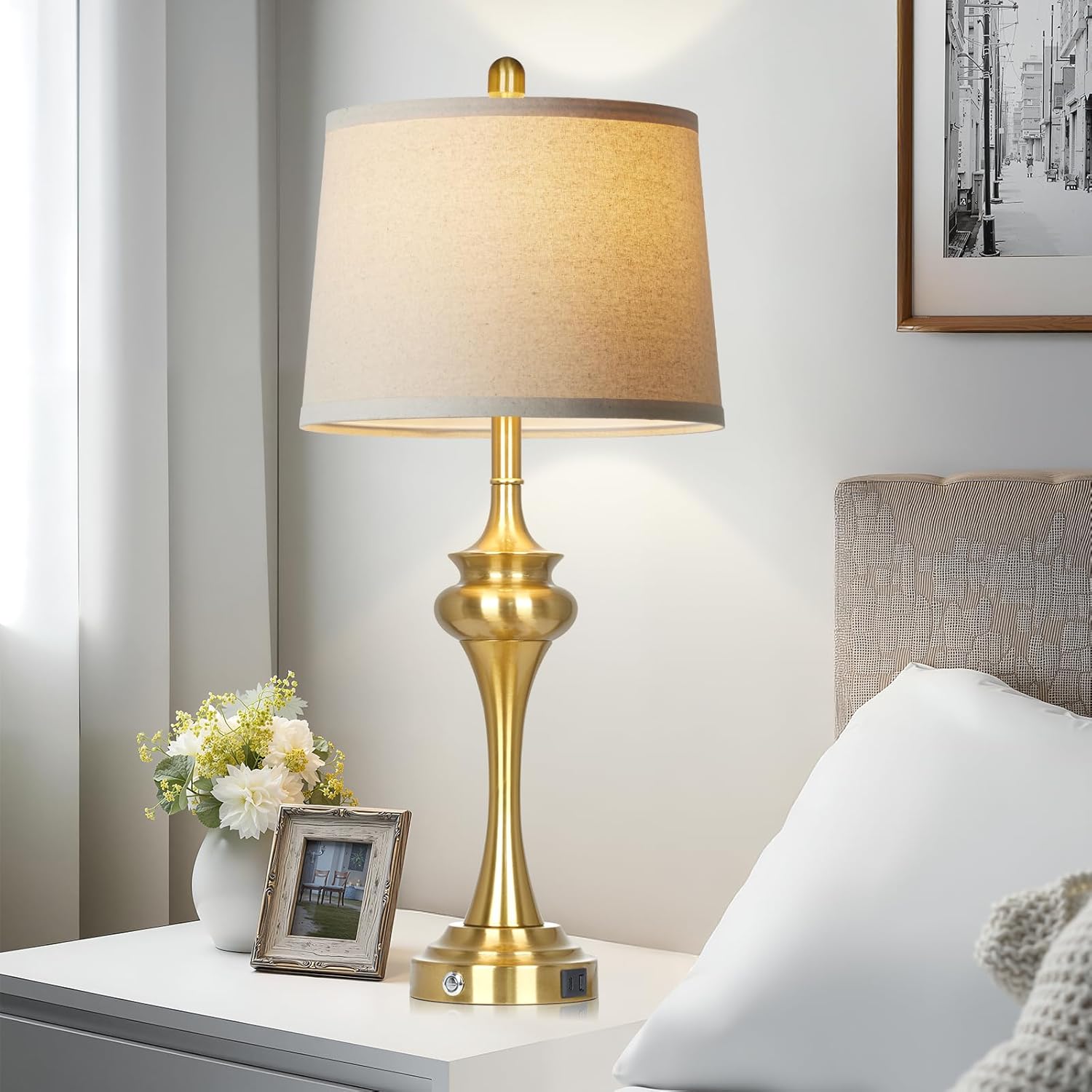 Rinweey 30" Gold Tall Table Lamps for Living Room, Touch Control Modern Bedroom Table Lamp with USB A+C Ports, 3-Way Bedside Lamps Set of 2, Elegant Metal Lamp for Night Stand Desk Side Table Office