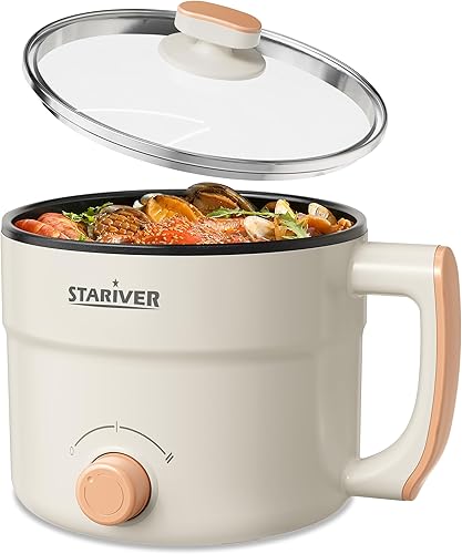 Stariver Olla eléctrica de 1.5 litros con doble potencia, mini cocina antiadherente portátil para fideos para ramen, sopa, pasta, huevo, avena,
