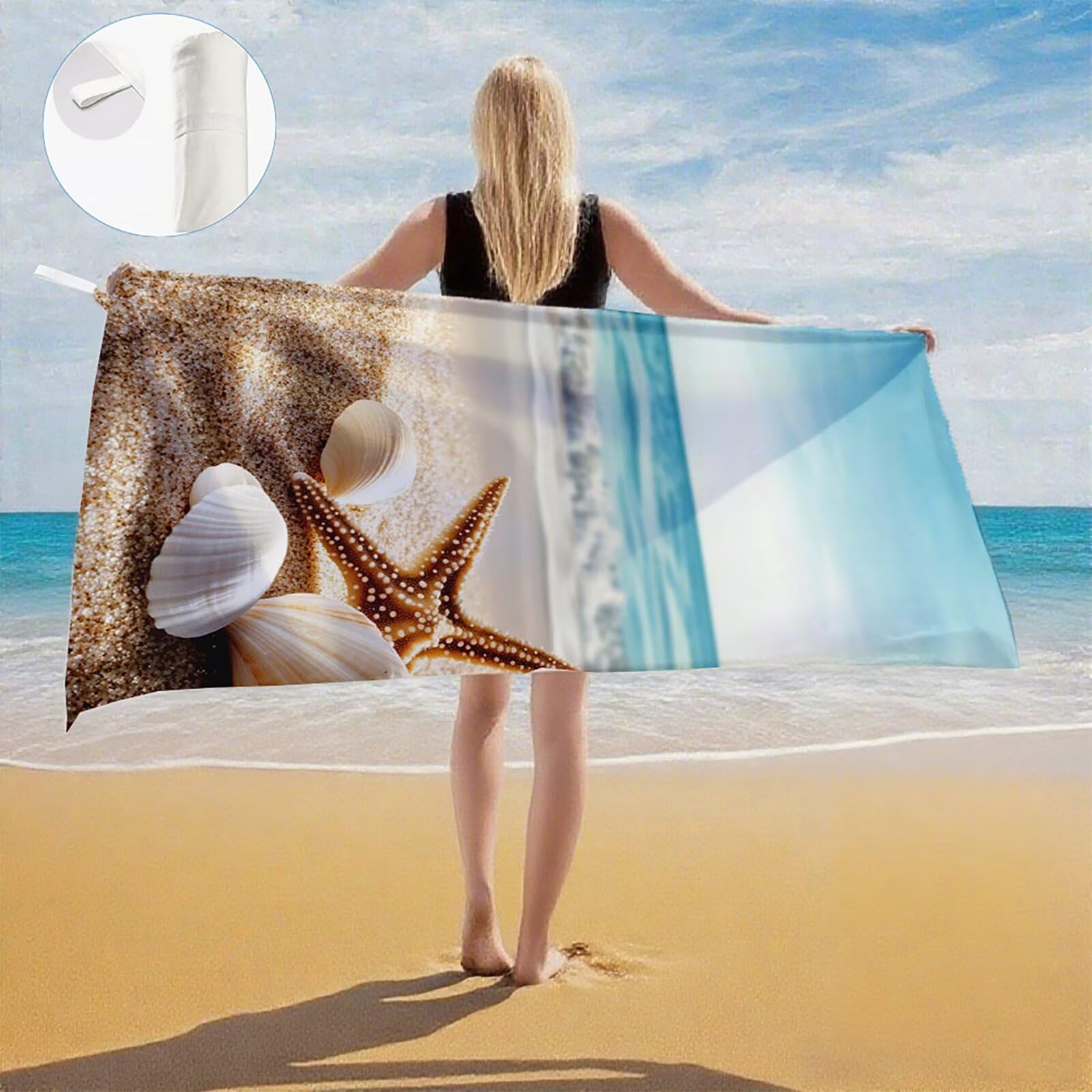 Serviette de Plage XXL 100x200 cm,Étoile de mer Serviette Plage Microfibre avec Séchage Rapide Anti-Sable Absorbante Fonction Design pour Vacances Piscine Pique-Nique Voyages Yoga, Cadeau Femme Q-424