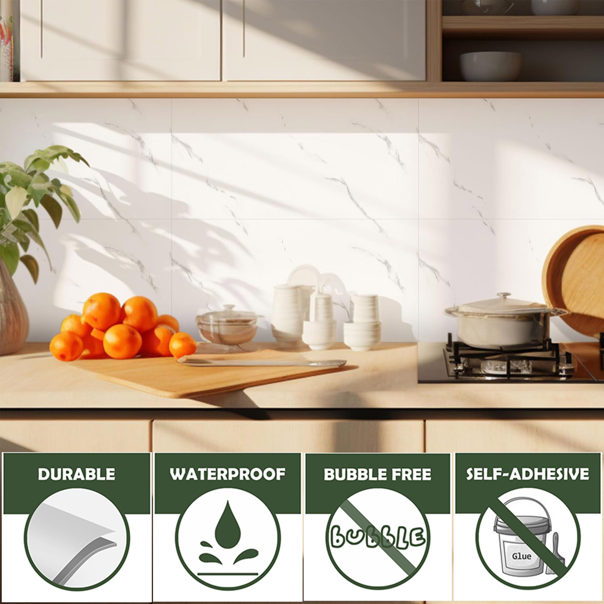 Azulejos Adhesivos Cocina, 20 piezas Vinilos de Pared Decorativos 30x60cm Revestimiento de Paredes PVC Baldosas Adhesivas Cocina Azulejos Baño Vinilo Suelo