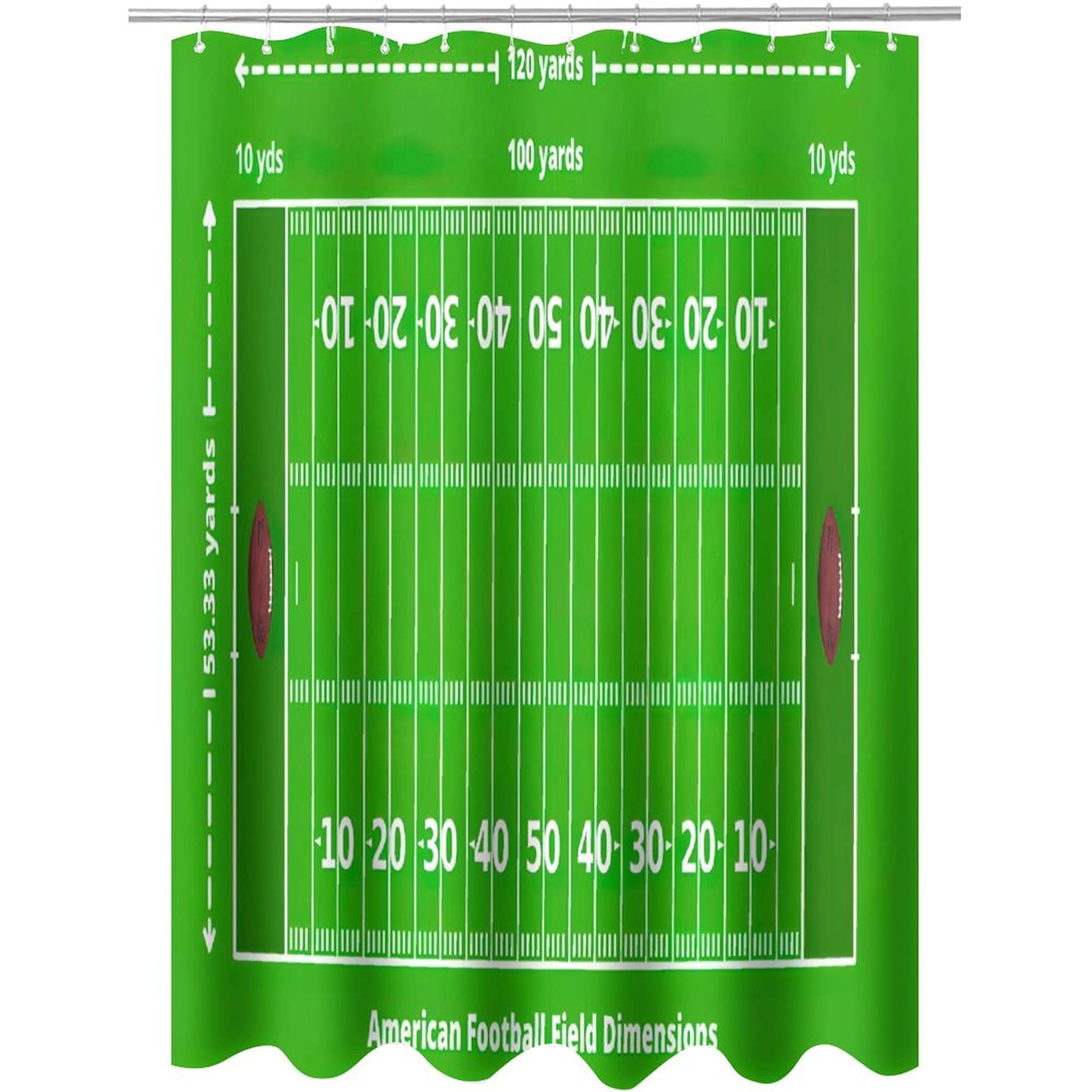 Kksme American Football Duschvorhang, 183 X 183 Cm – Aus 100% Polyester, Wasserdicht, Mit 12 Haken, Grünes Gras-Design Für Badezimmer-Deko