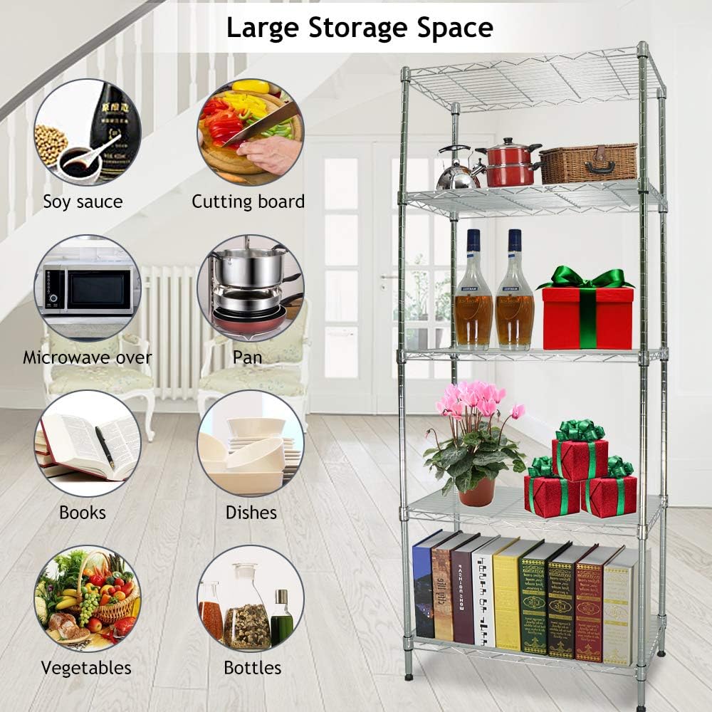 Dkeli 5-Tier Wire Shelving Unit NSF Height Adjustable Utility Steel Commercial Grade Storage Shelves with Shelf Liner Heavy Duty Metal Shelf Organizer Rack for Kitchen Bathroom Office Garage