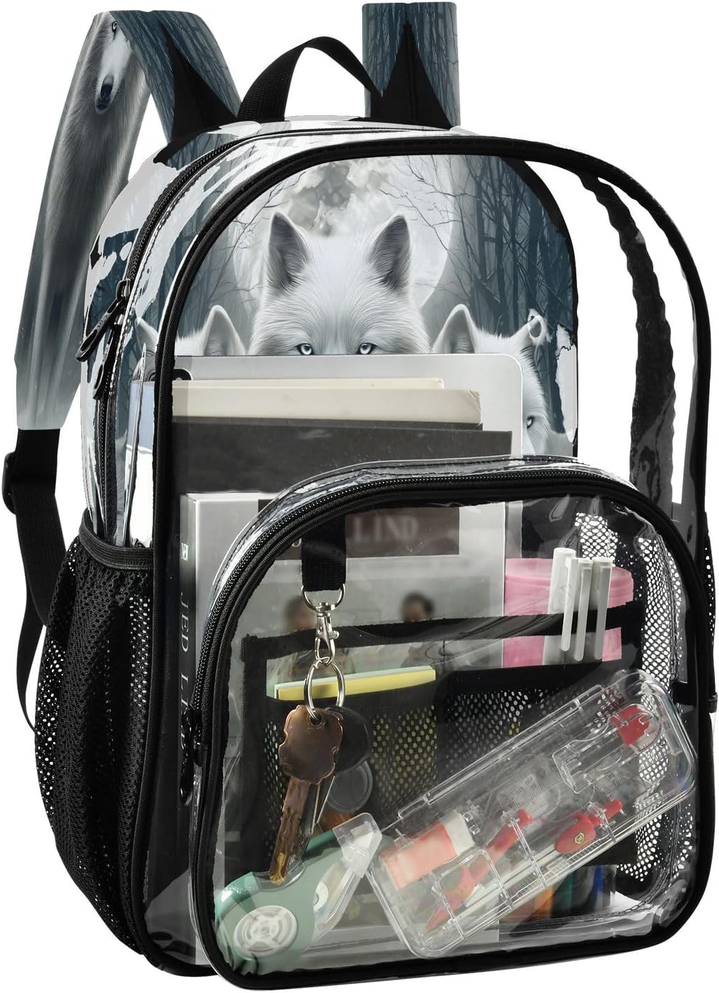 White Wolf Animal Tree Moon Clear Backpack Heavy Duty See Through Transparent PVC BookBag for Kids Boy Girl School Work