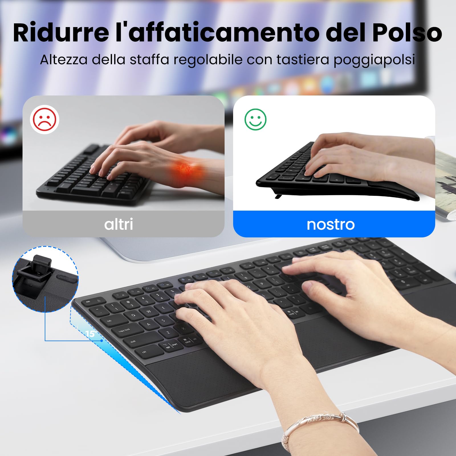 CITLLA M9100 Kabellose Tastatur Maus- Wiederaufladbare Ergonomische Tastatur mit Hintergrundbeleuchtung, Adjustable Ständer und Handgelenkstütze, Hyper Fast Scrolling Maus für Desktop PC Laptop(Grau)